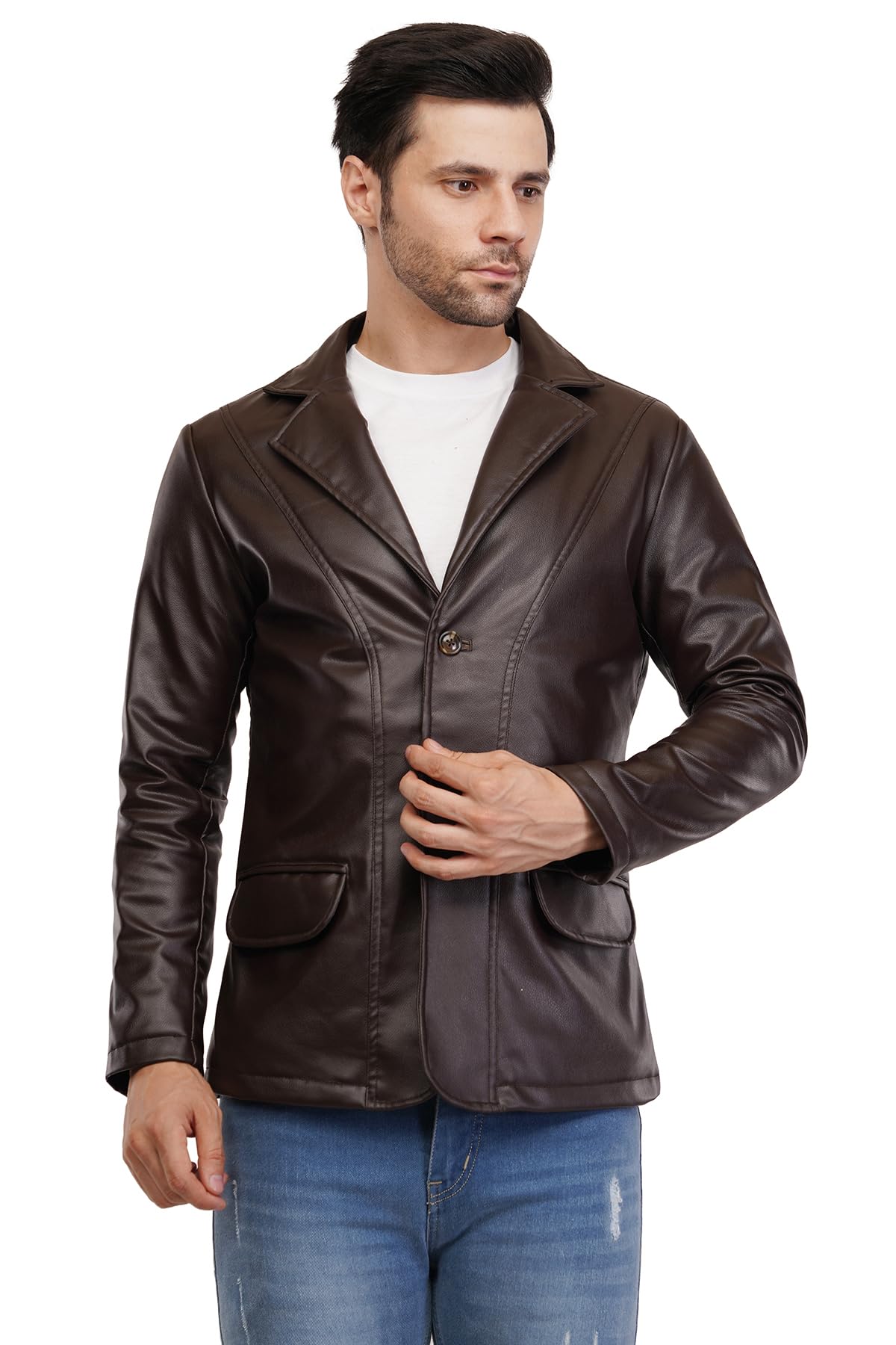 Men's Stylish Foux Leather Single Breasted Blazer, For Men Button-Front (IN, Alpha, M, Regular, CHOCLATE BROWN)