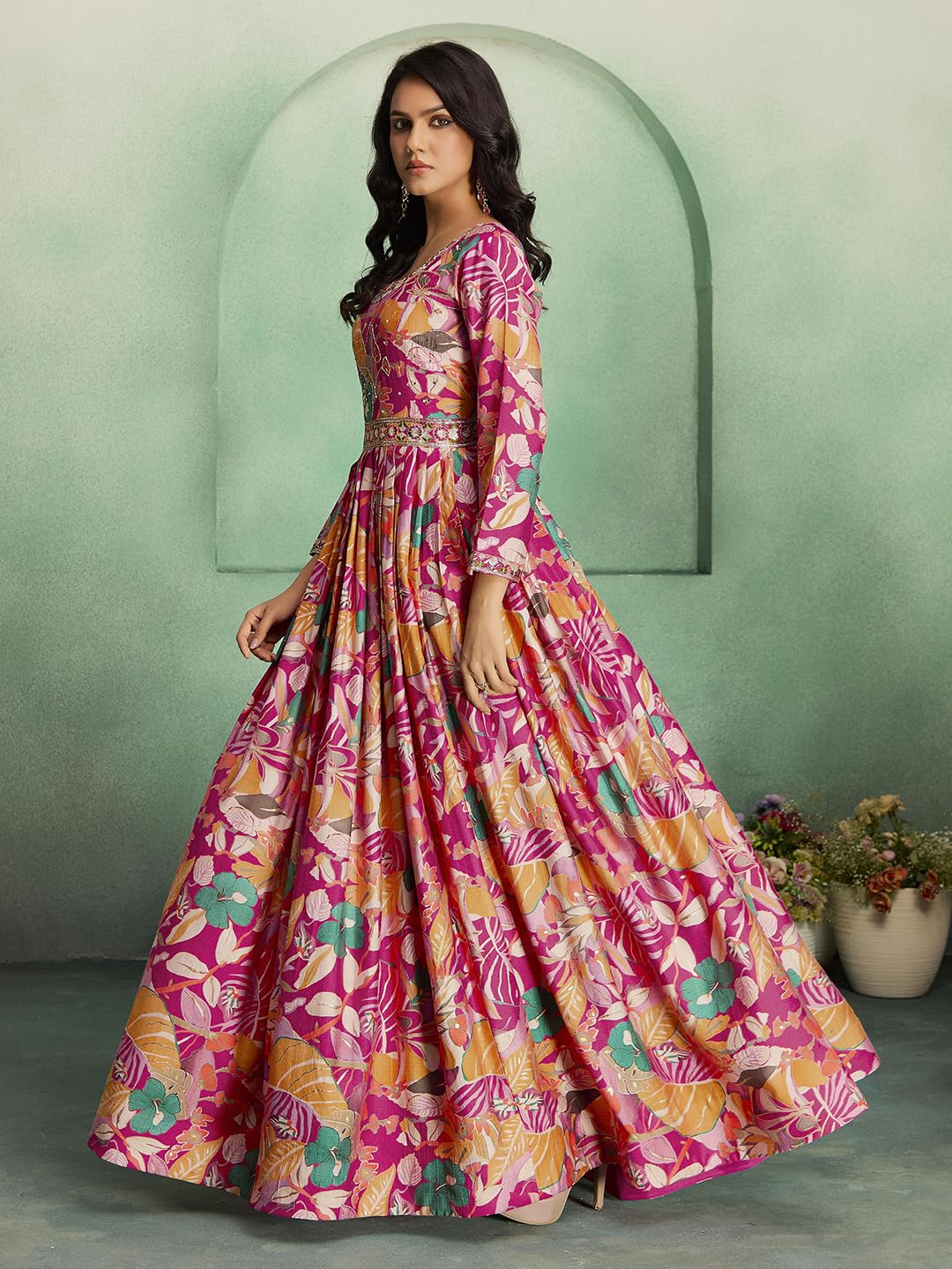 madhuram textiles Women's vetican Print with Hand Embroidery Work Anarkali Long Gown(M-2544 Pink_Small) - Image 7