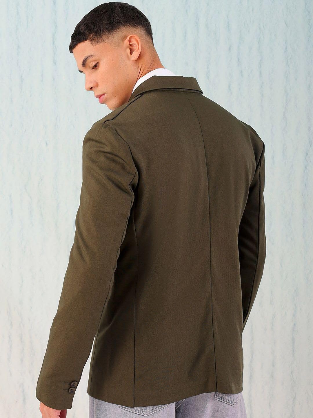 The Indian Garage Co Men Comfort Straight Fit Solid Knitted Blazer (Olive_L) - Image 4