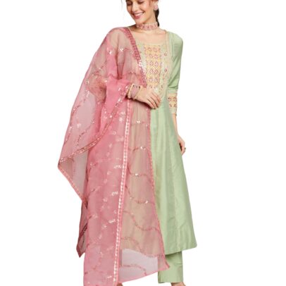 Myx Women's Embroidered Anarkali Kurta Set with Organza Dupatta (AW25-MYX-VEN-KS-13_Light Green_L)