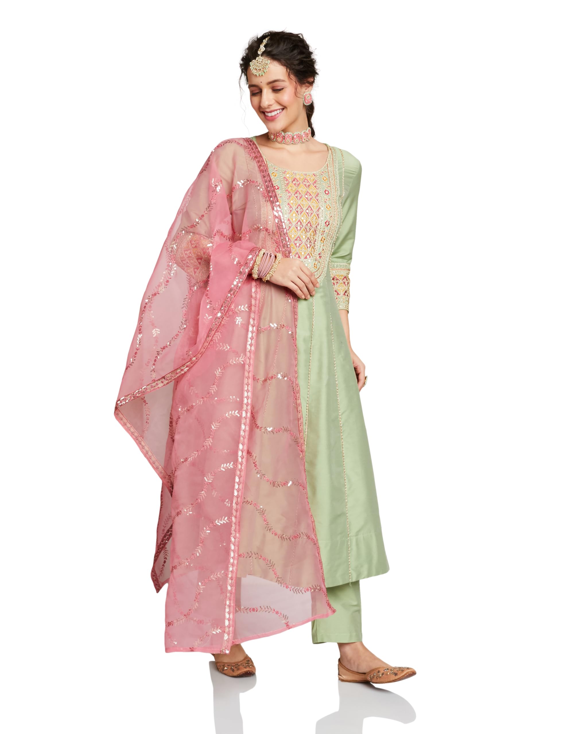 Myx Women's Embroidered Anarkali Kurta Set with Organza Dupatta (AW25-MYX-VEN-KS-13_Light Green_L)