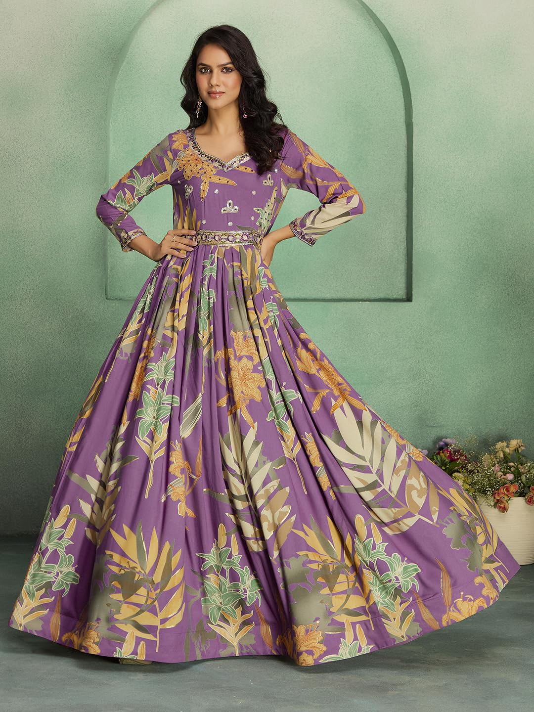 madhuram textiles Women's Rayon Print with Hand Embroidery Work Anarkali Long Gown(M-2543 Pink_Medium) - Image 2