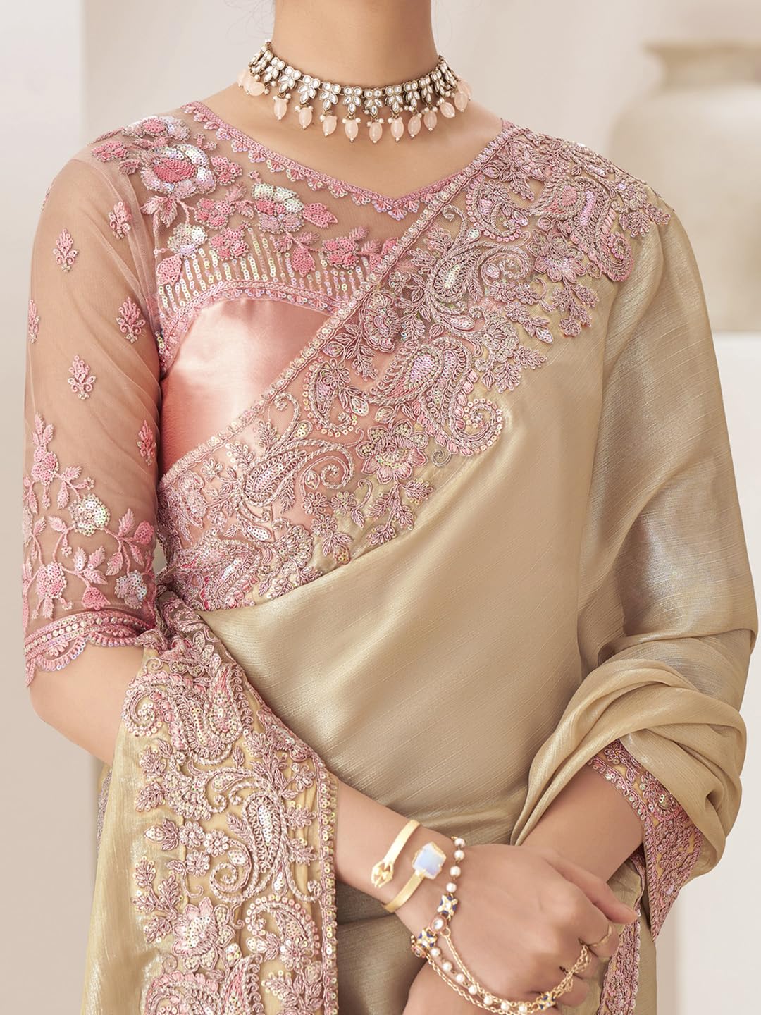 AKHILAM Women's Cream Pure Chiffon Embellished Saree With Unstitched Blouse (SNDLWOD1303_TFH) - Image 4