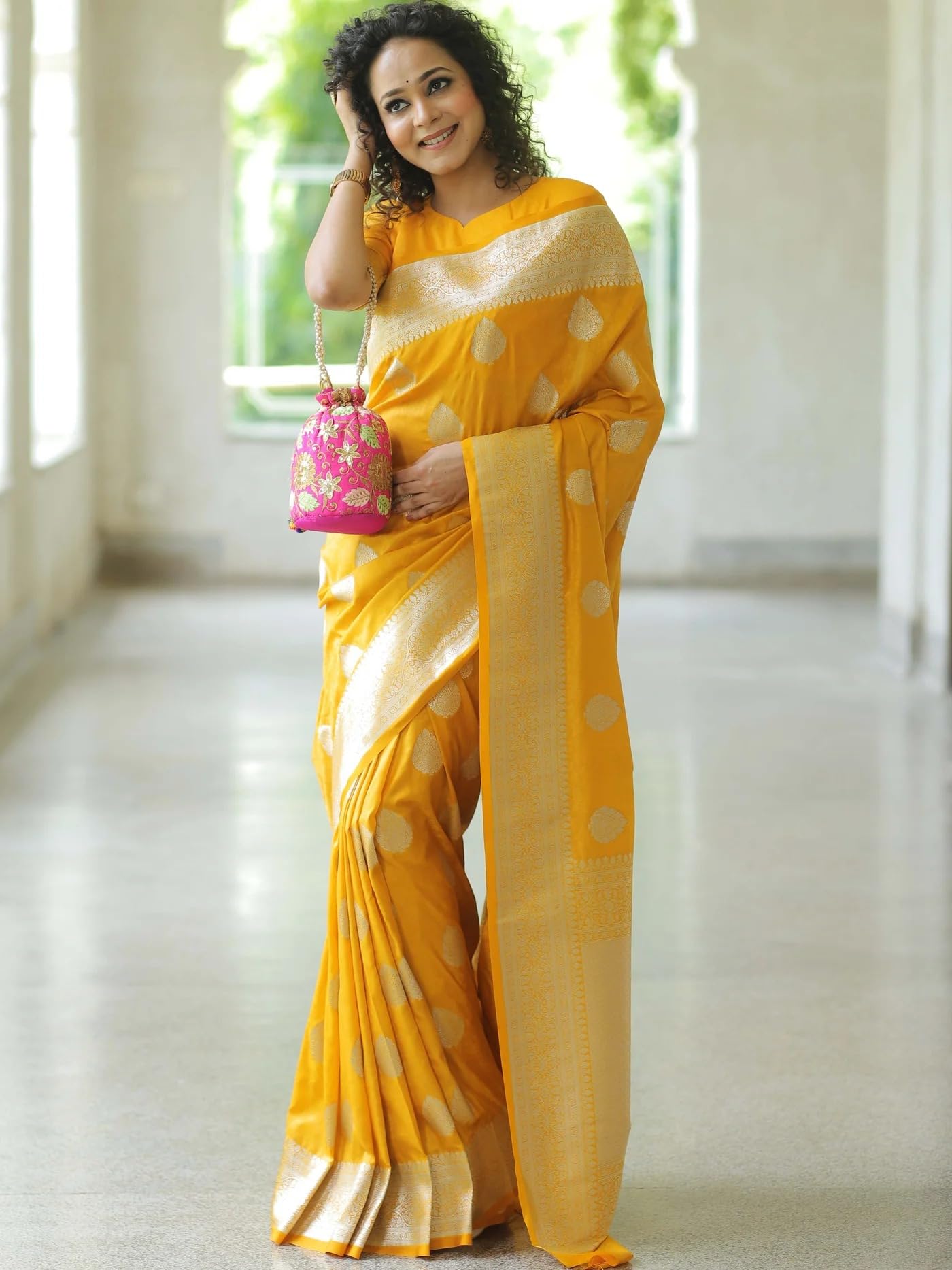 Yashika Women’s Fancy Banarasi Kanjivaram Art Silk Yellow Saree with Unstitched Blouse Piece |Wedding Saree for Women - Image 2