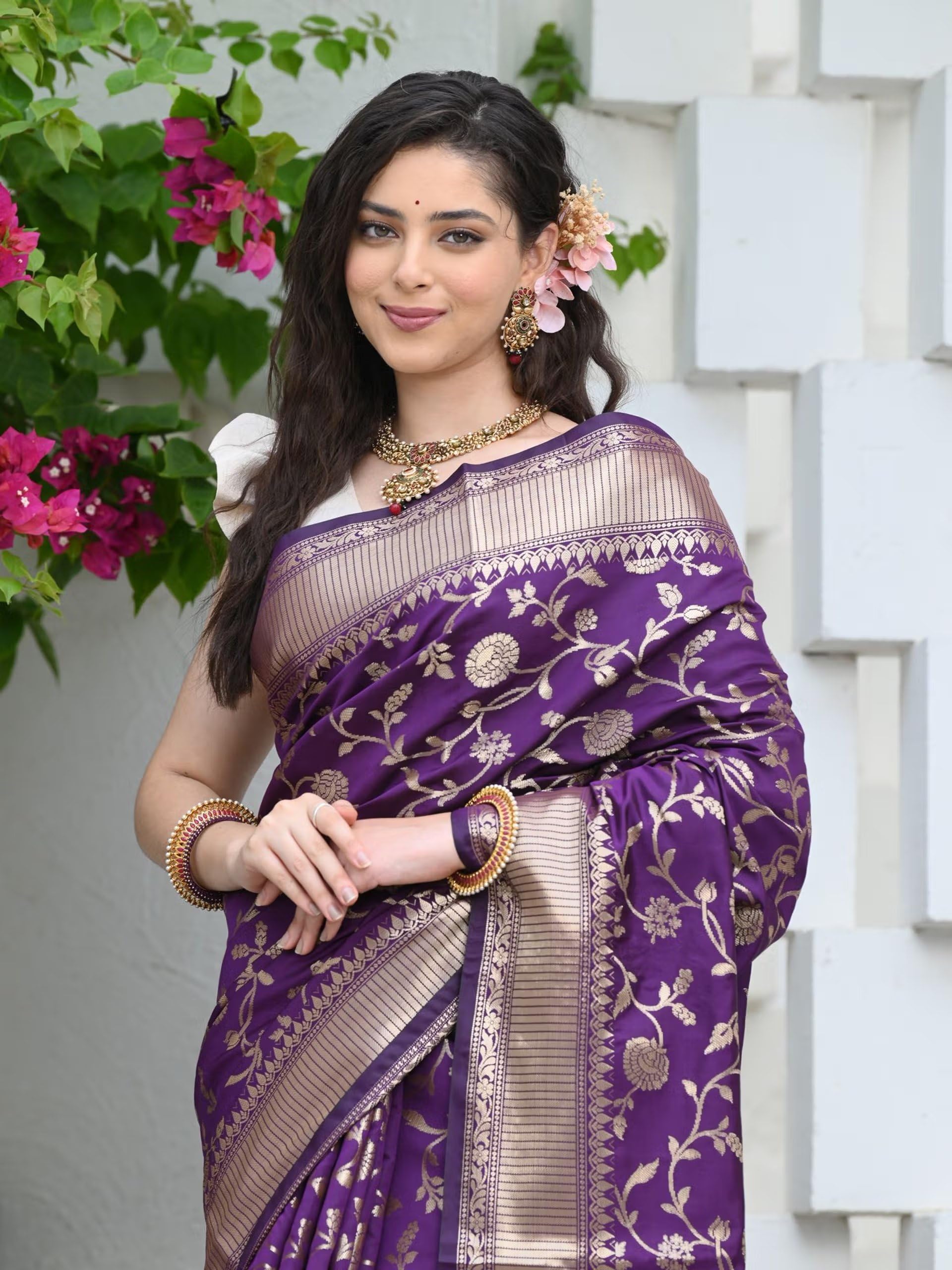 Sugathari Women's Banarasi Saree Pure Kanjivaram Silk Saree Soft new ladies 2023 Design Wear Pattu Sarees Latest Party Sari collections With Blouse Piece for Wedding sadi (SAN PARI-182 PURPLE) - Image 4