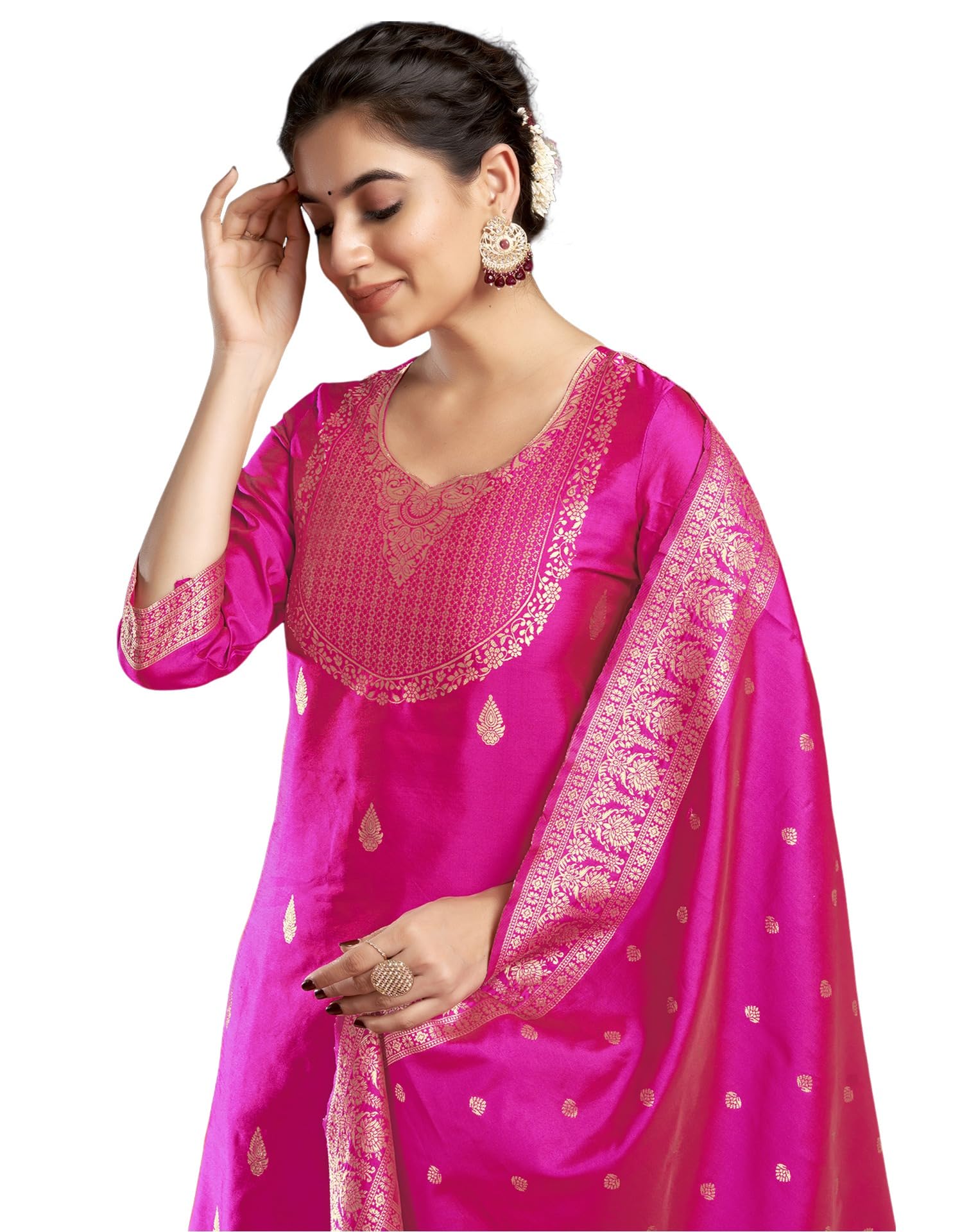 SIRIL Women's Rayon Viscose Banarasi Jacquard Zari Woven Straight Kurta Pant with Dupatta Set (217KBD2301-XL_Rani Pink)
