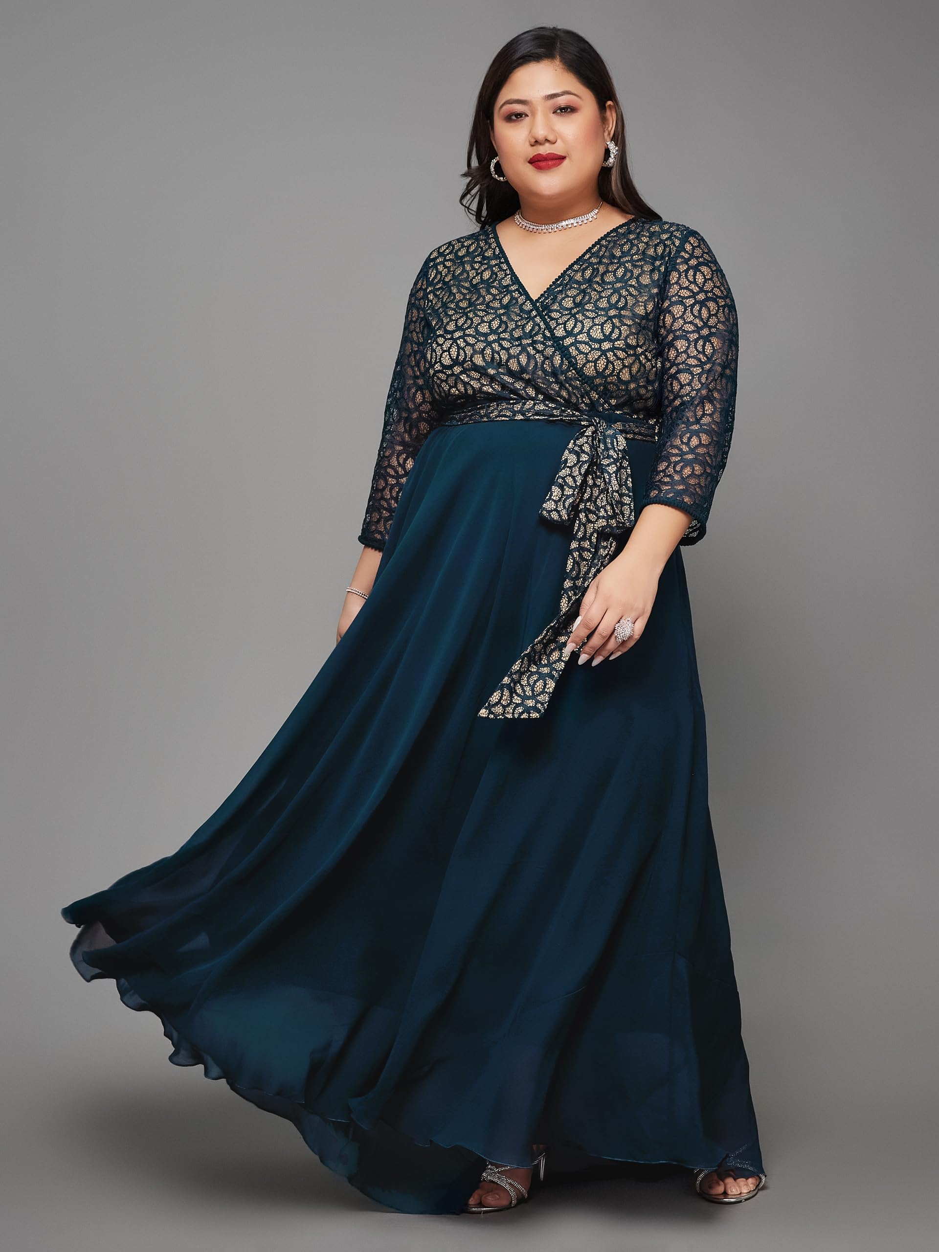 Miss Chase A+ Women's Self-Designed Relaxed Fit V-Neck 3/4th Sleeve Maxi Dress with Pockets (APSS21D14-67-83-08, Teal, 3XL) - Image 7