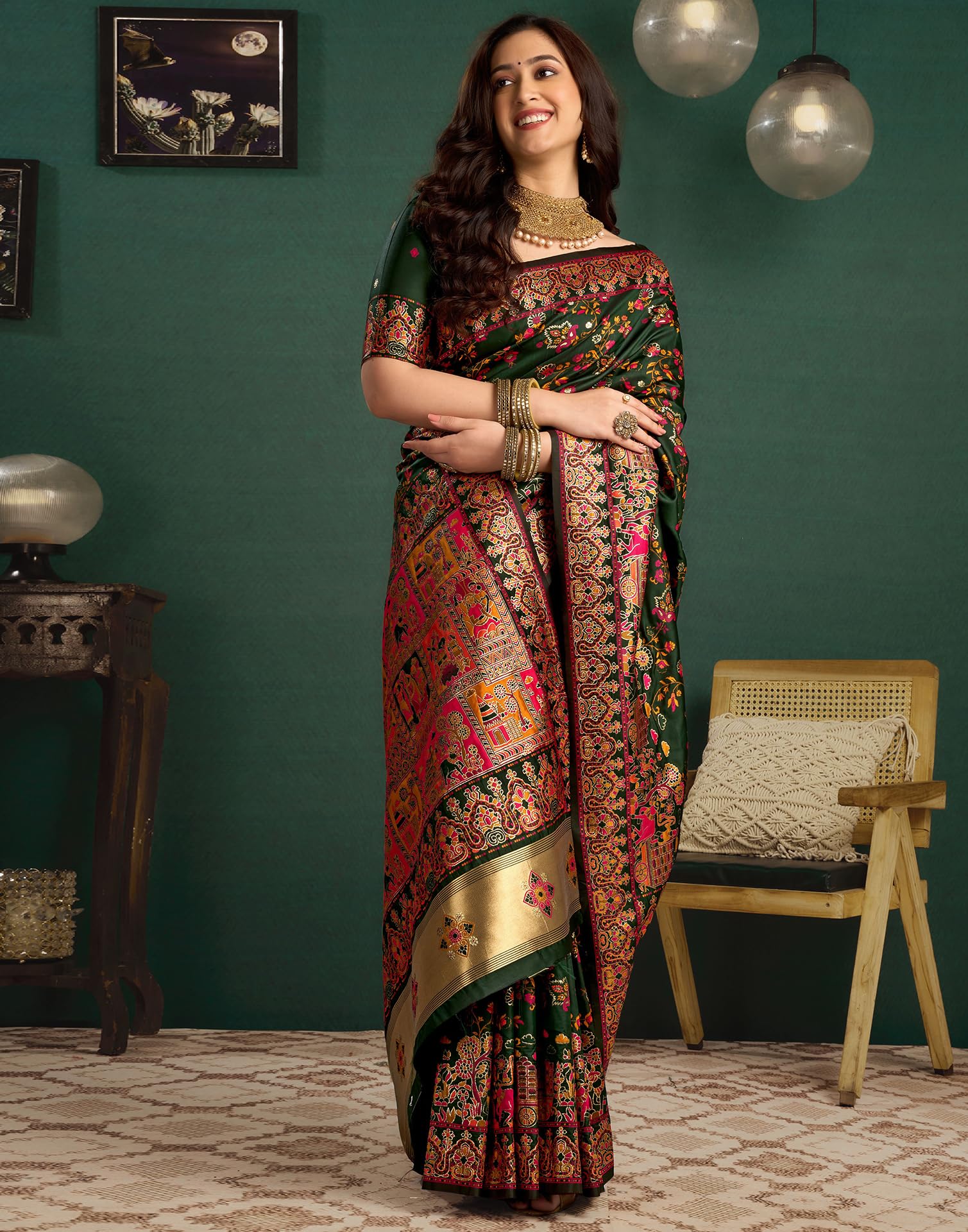 SIRIL Women's Silk Kashmiri Minakari Jacquard Saree with Unstitched blouse Piece (4314S604_Dark Green) - Image 7