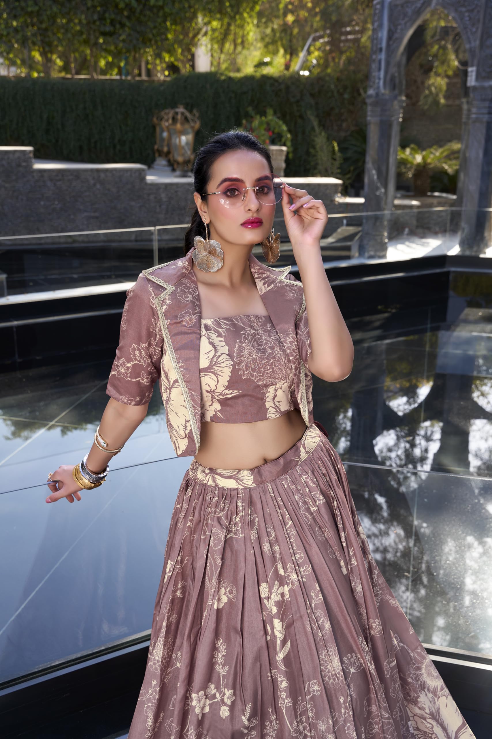 LooknBook Women's Tussar Silk Ready to Wear Stitched Lehenga Choli Set with Heavy Tassels Koti and Foil Printed Floral Pattern - Image 6
