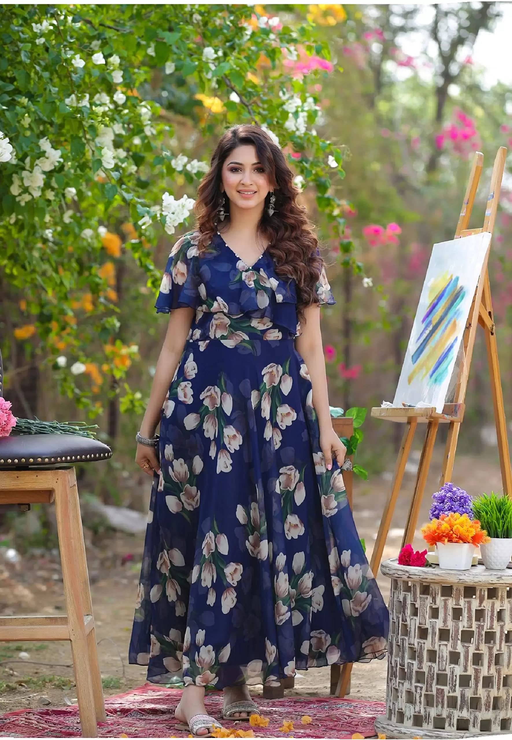 Shasmi Women's Georgette Digital Floral Printed Gown Dress for Women (Gown Dress 35) (X-Large, N Blue) - Image 3