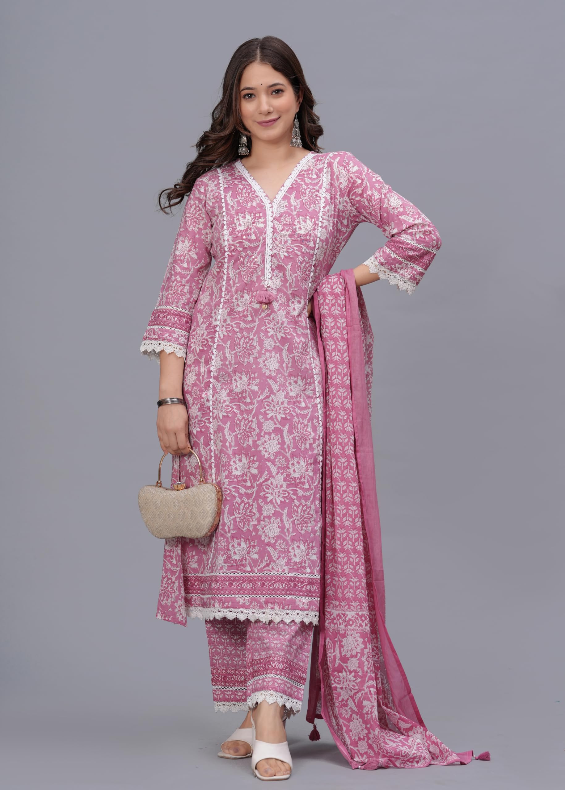 Amayra Women's Pure Cotton Printed Straight Kurta Set with Palazzo Pants & Dupatta- Ethnic Wear, Pink(TCK621,M) - Image 3