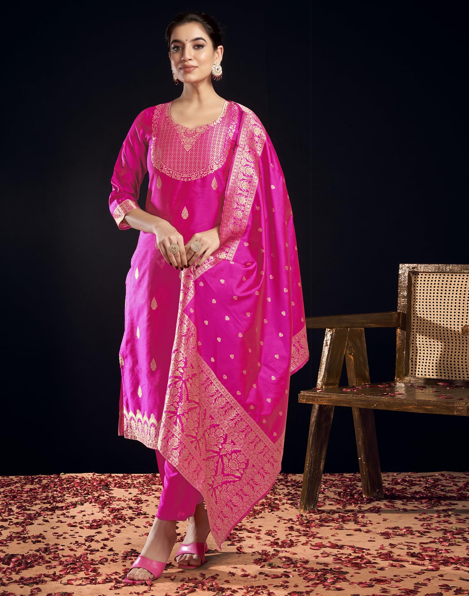 SIRIL Women's Rayon Viscose Banarasi Jacquard Zari Woven Straight Kurta Pant with Dupatta Set (217KBD2301-XL_Rani Pink) - Image 4