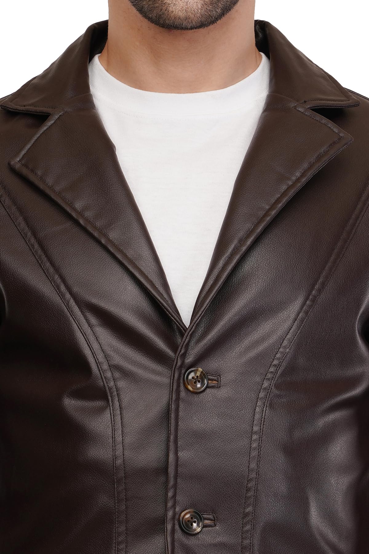 Men's Stylish Foux Leather Single Breasted Blazer, For Men Button-Front (IN, Alpha, M, Regular, CHOCLATE BROWN) - Image 4