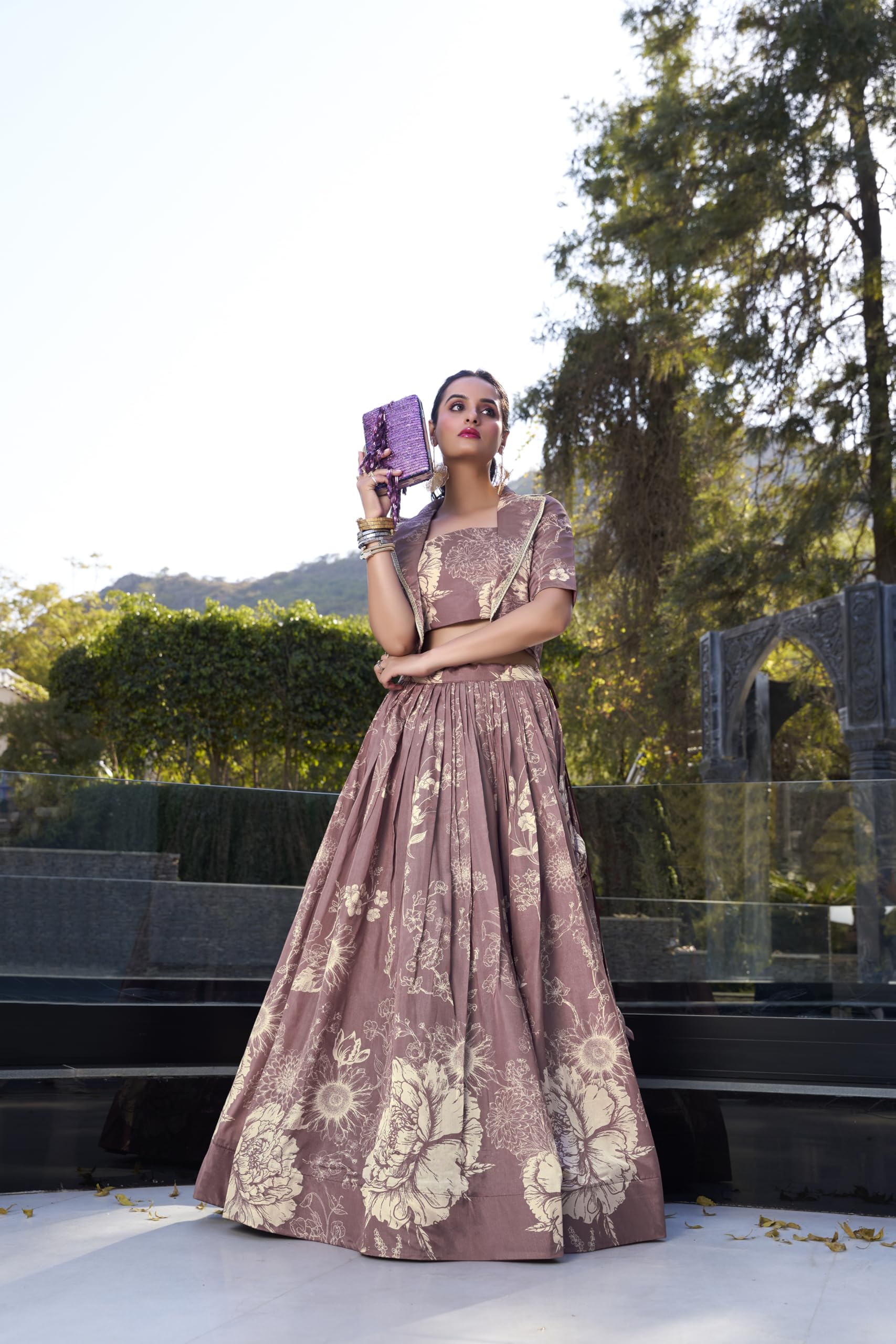 LooknBook Women's Tussar Silk Ready to Wear Stitched Lehenga Choli Set with Heavy Tassels Koti and Foil Printed Floral Pattern - Image 4