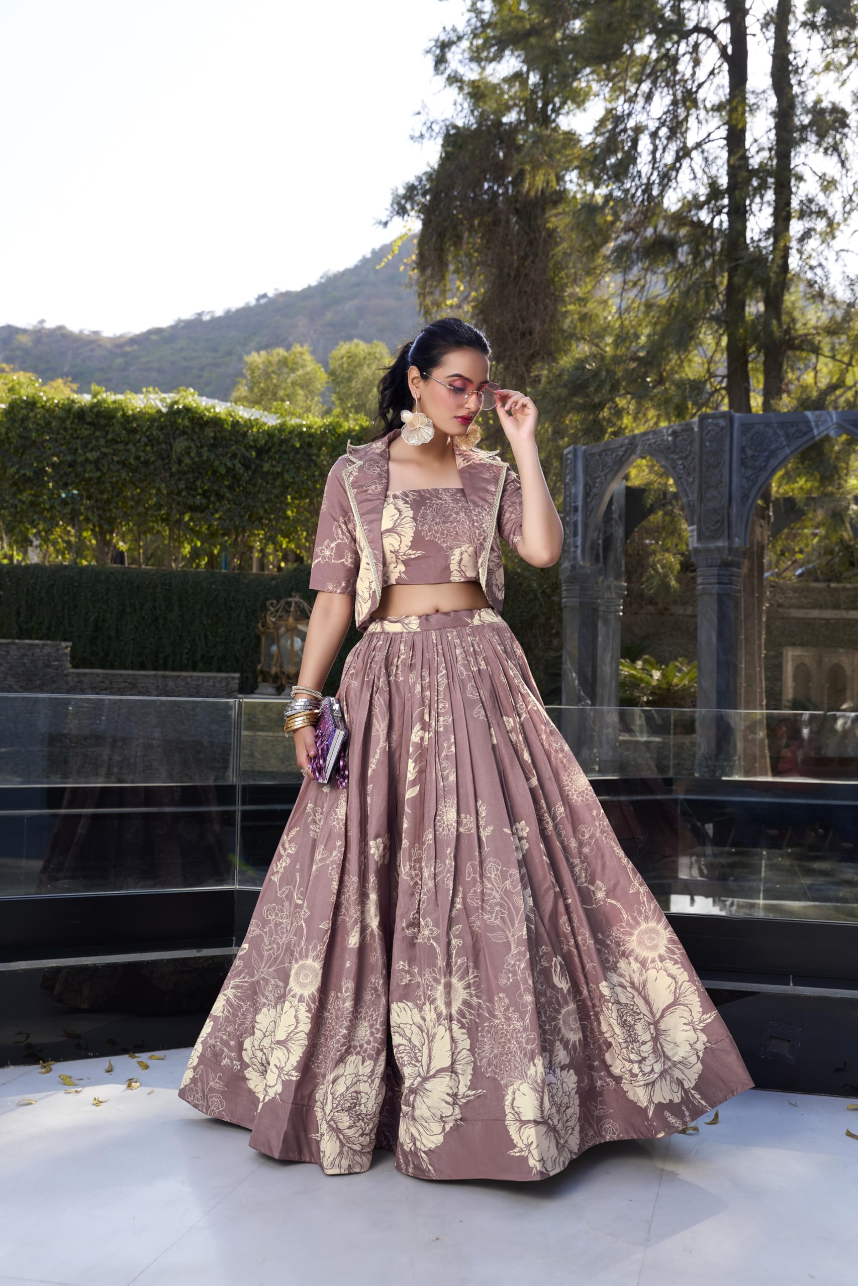 LooknBook Women's Tussar Silk Ready to Wear Stitched Lehenga Choli Set with Heavy Tassels Koti and Foil Printed Floral Pattern - Image 3