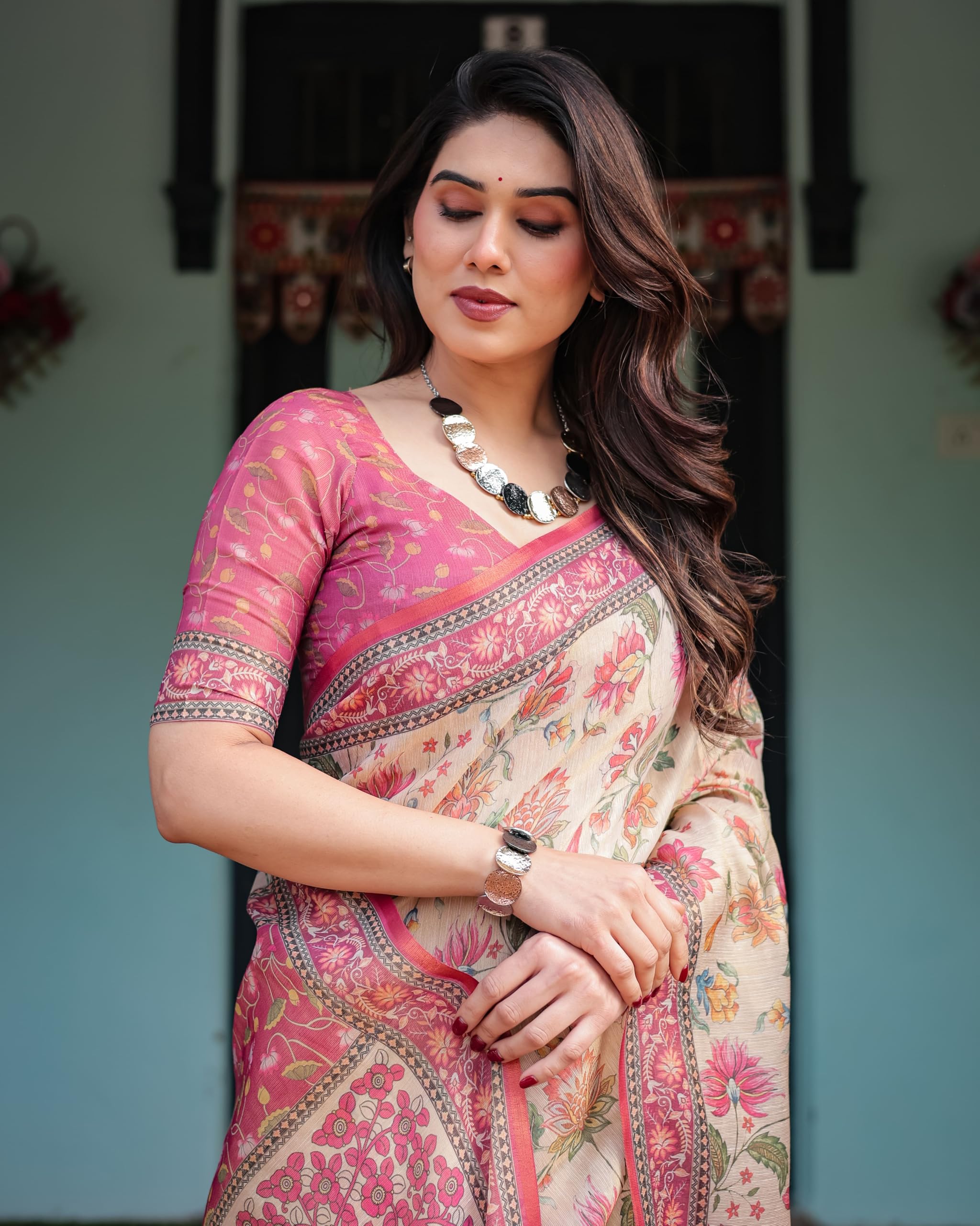 ALMAARI FASHION Traditional Cotton Silk Saree for Women with Floral Print, Pink Border, Tassels and Blouse Piece, Designer Saree, 5.5 Metres Off-White - Image 4