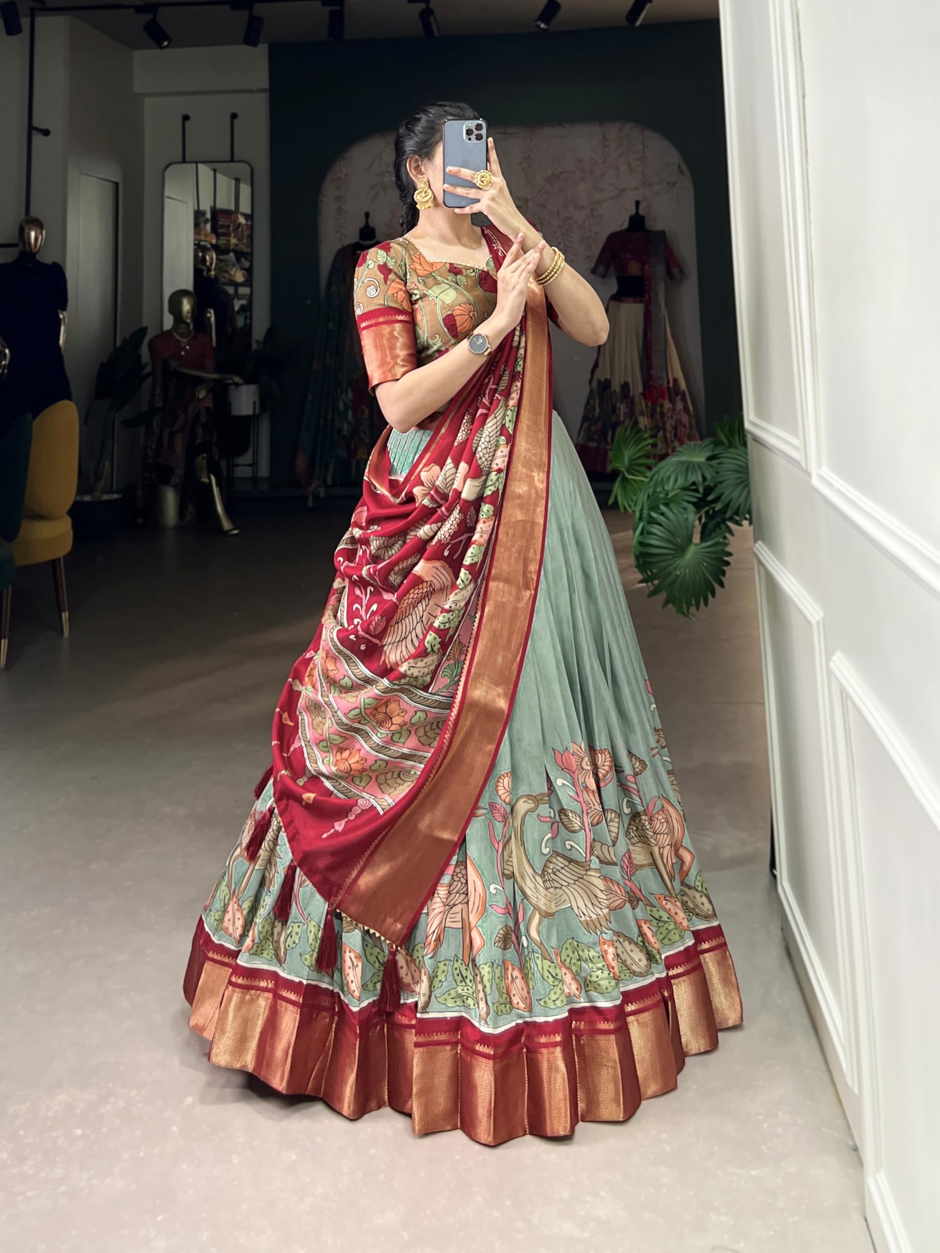Snazzy Stitch Women Tussar Silk Semi Stitched Wedding Special Foil Work Lehenga Choli For Any Occasion (Pista), Free Size - Image 4