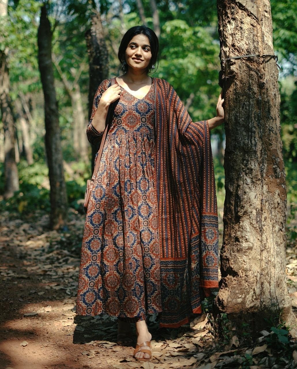 KLOSIA Women Printed Flared A-Line Kurta with Pant and Dupatta Suit Set | Kurta Set | Wedding Suit (Large) Brown - Image 4