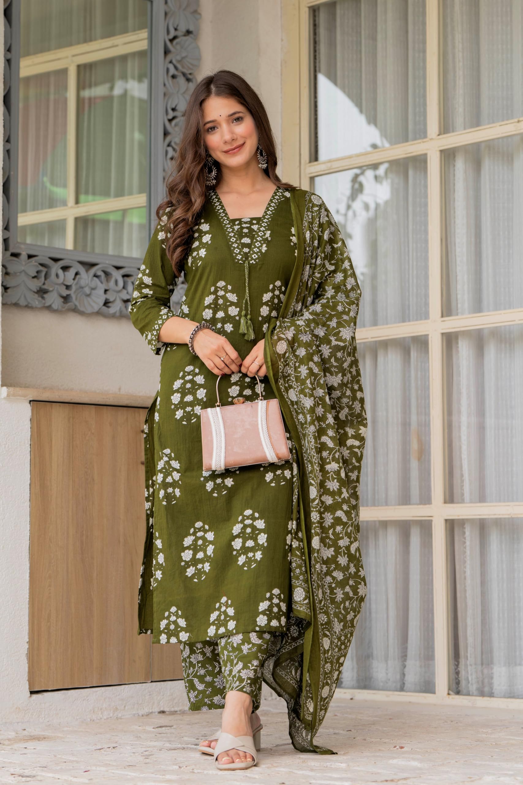PARTHVI Women's Pure Cotton Printed Straight Kurta Set with Palazzo Pants & Dupatta- Ethnic Wear, Green - Image 2