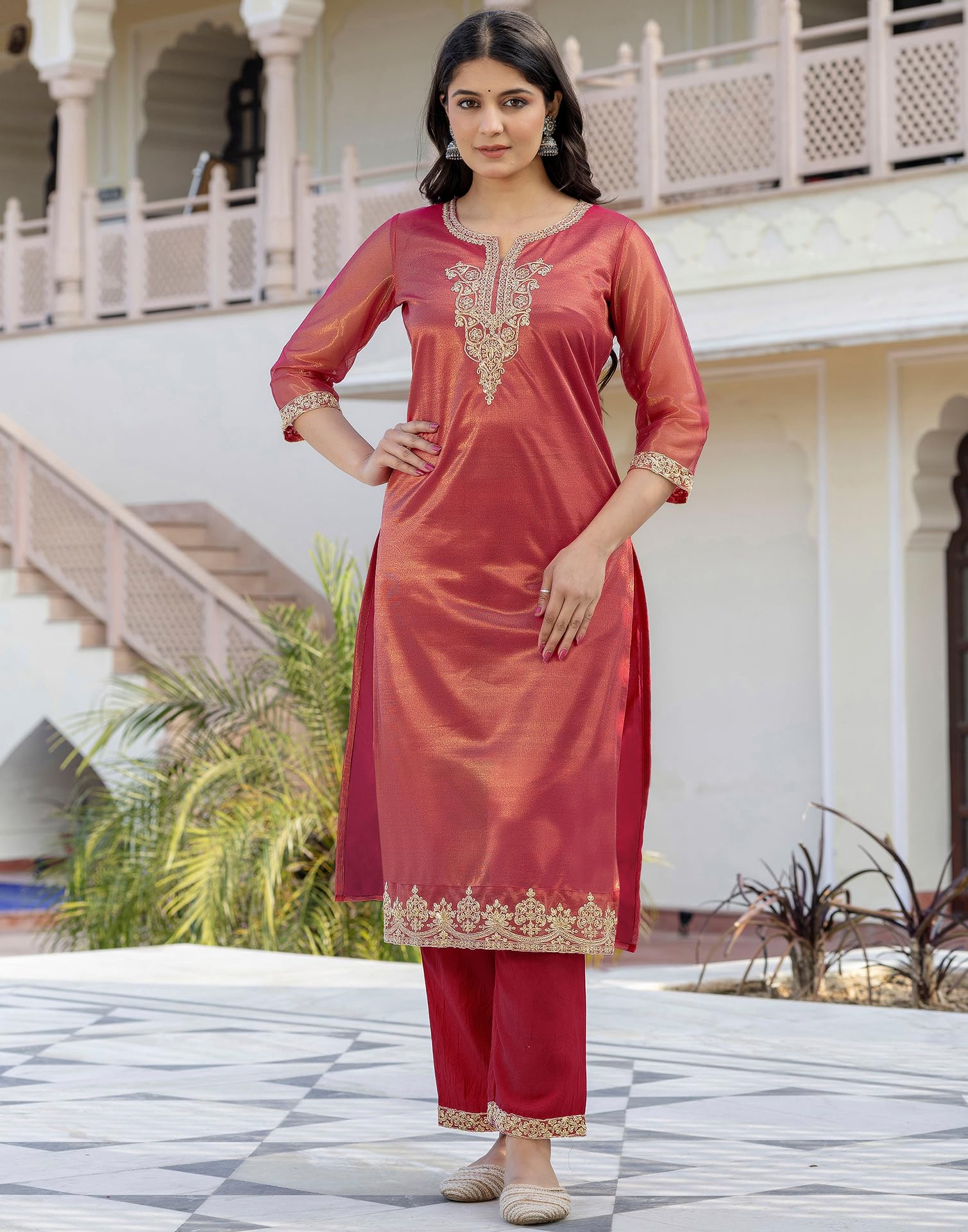 SKYLEE Women's Net Sequins, Embroidery and Gota Lace Straight Kurta with Pant & Dupatta (227KBD2403C-L_Rani Pink) - Image 4