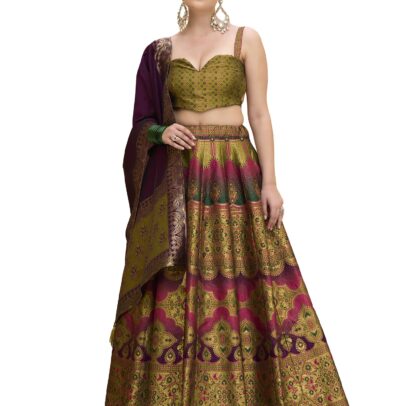 PURVAJA Women's Kanjiwaram Semi-Stitched Lehenga choli (Nazm-Mehndi_Free Size)