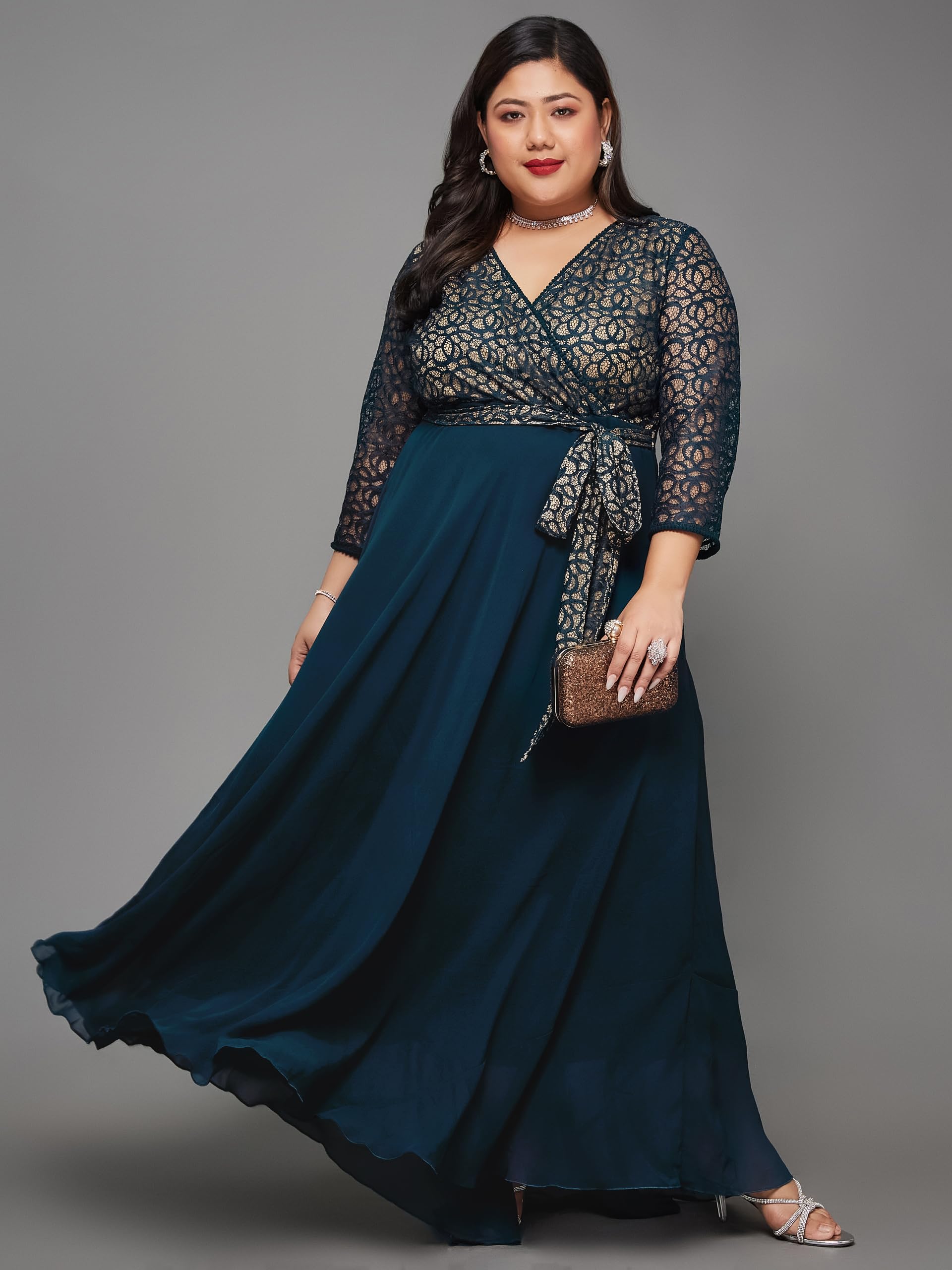 Miss Chase A+ Women's Self-Designed Relaxed Fit V-Neck 3/4th Sleeve Maxi Dress with Pockets (APSS21D14-67-83-08, Teal, 3XL) - Image 3