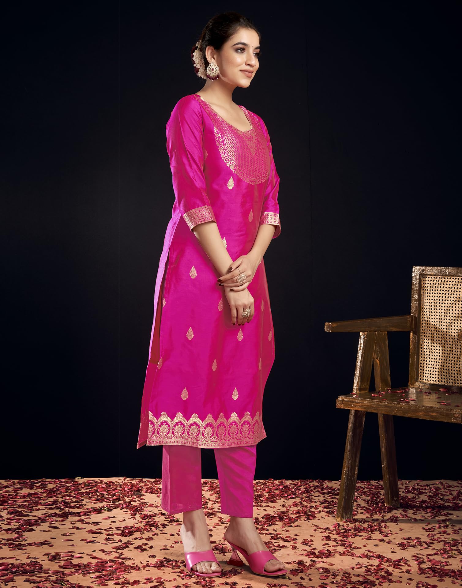 SIRIL Women's Rayon Viscose Banarasi Jacquard Zari Woven Straight Kurta Pant with Dupatta Set (217KBD2301-XL_Rani Pink) - Image 5