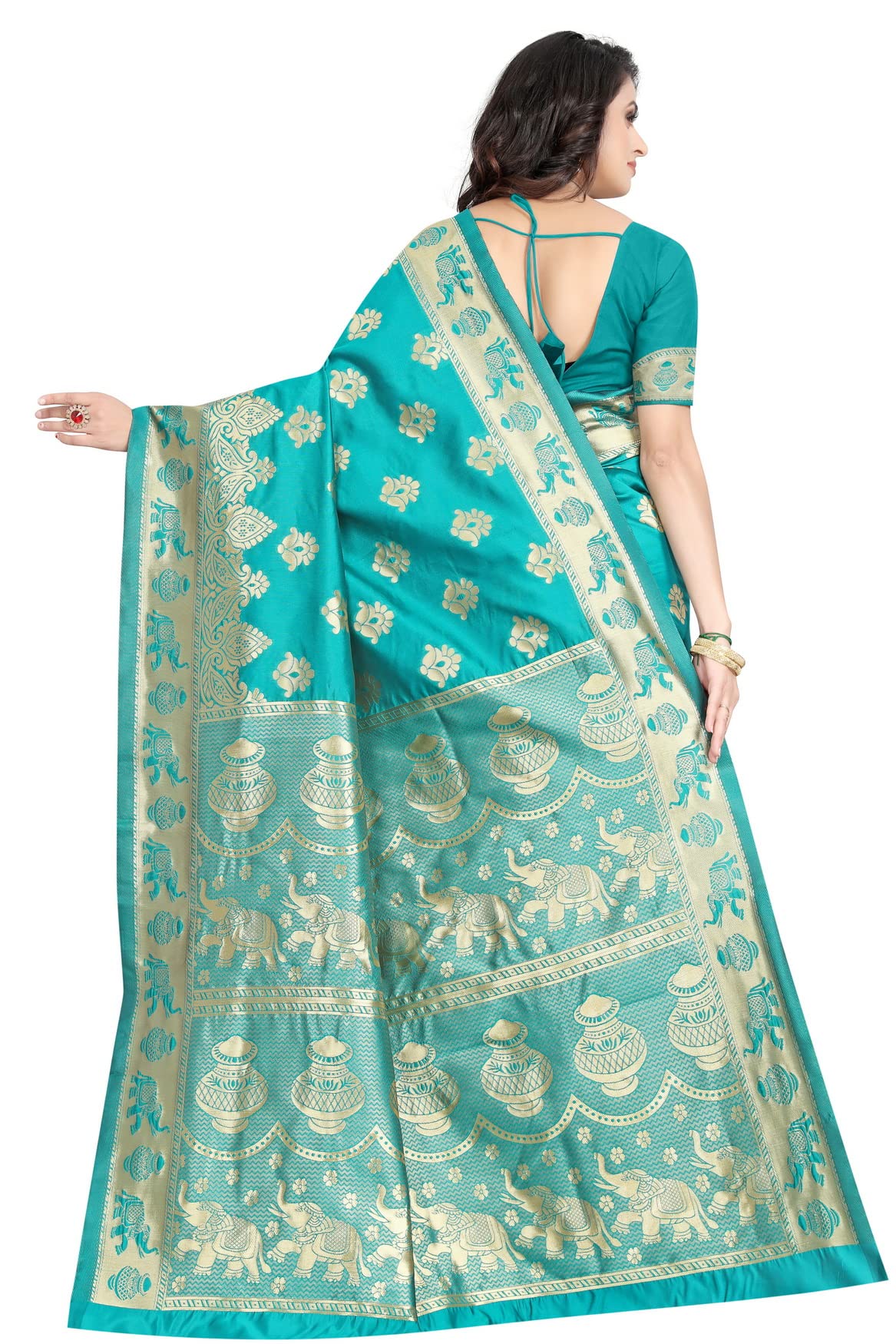 C J Enterprise Women's Pure Kanjivaram Soft Silk Saree Banarasi Design Wear Pattu Sarees Latest Party Cotton Sari collections With Blouse Piece for Wedding sadi new ladies 2025 (Pari9016-51) (Firozi) - Image 6