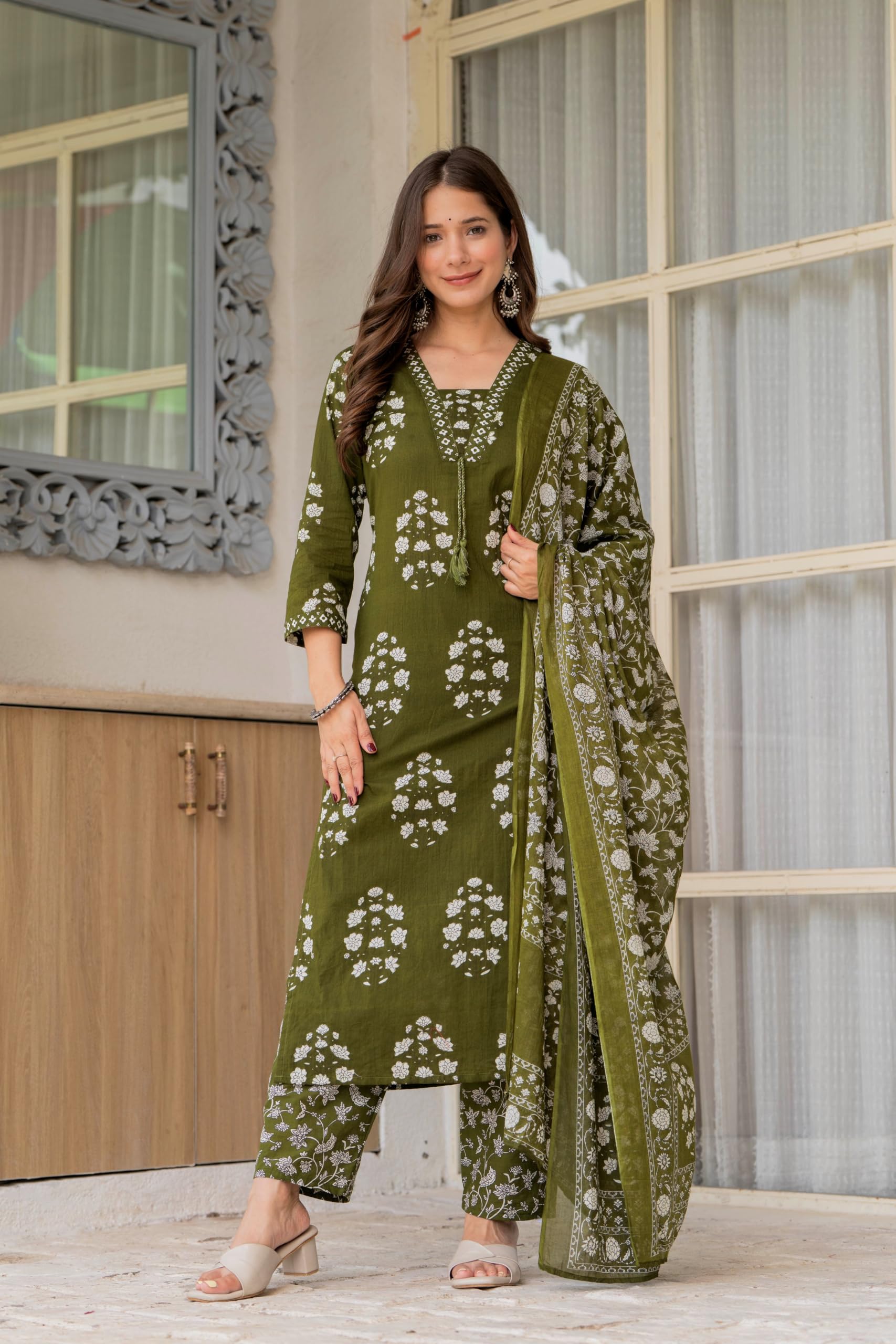 PARTHVI Women's Pure Cotton Printed Straight Kurta Set with Palazzo Pants & Dupatta- Ethnic Wear, Green - Image 5