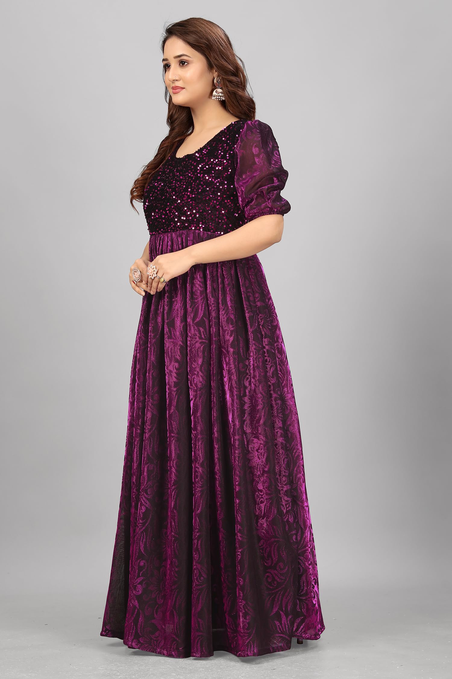 3Buddy Fashion Elegant Women's Long Gown | Anarkali Style | Flared Floor-Length Dress | Floral Emboss Print | Sequence Embroidery (1, Wine) - Image 5