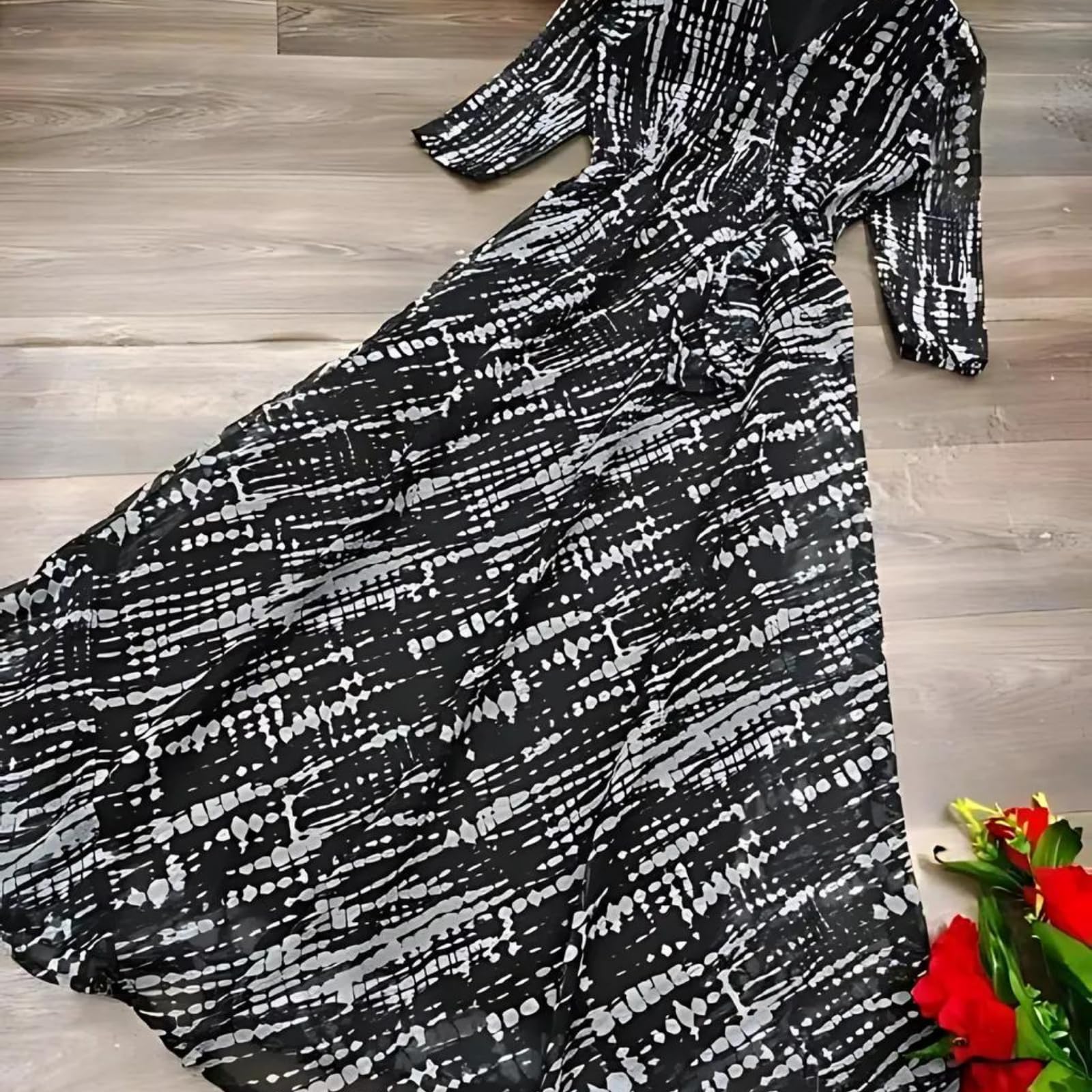 Fashion2wear Women's Black Color Georgette Long Sleeve Round Neck All Over Print Maxi Length Anarkali XXL Stitched Gown for Girls. (Ankita-Black-XXL) - Image 2