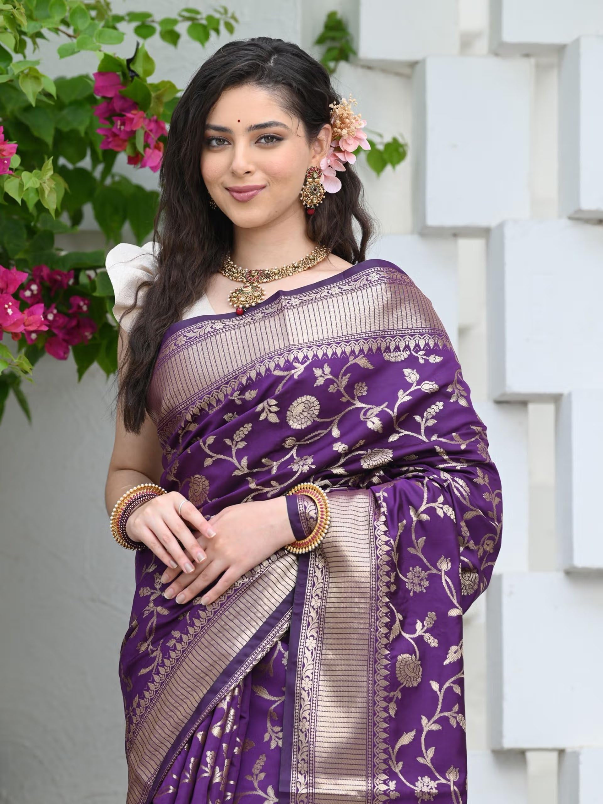 Sugathari Women's Banarasi Saree Pure Kanjivaram Silk Saree Soft new ladies 2023 Design Wear Pattu Sarees Latest Party Sari collections With Blouse Piece for Wedding sadi (SAN PARI-182 PURPLE) - Image 2