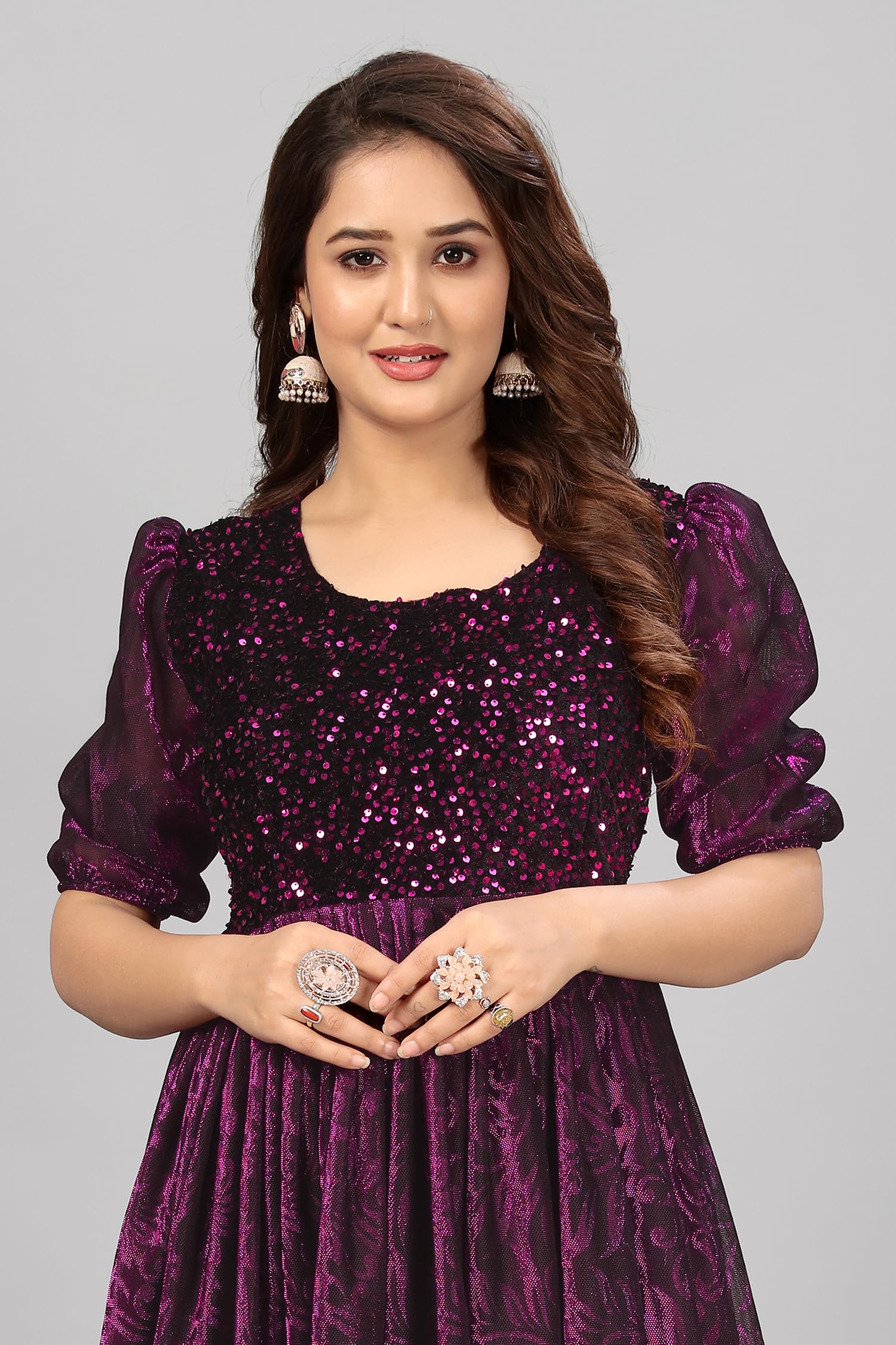 3Buddy Fashion Elegant Women's Long Gown | Anarkali Style | Flared Floor-Length Dress | Floral Emboss Print | Sequence Embroidery (1, Wine) - Image 3