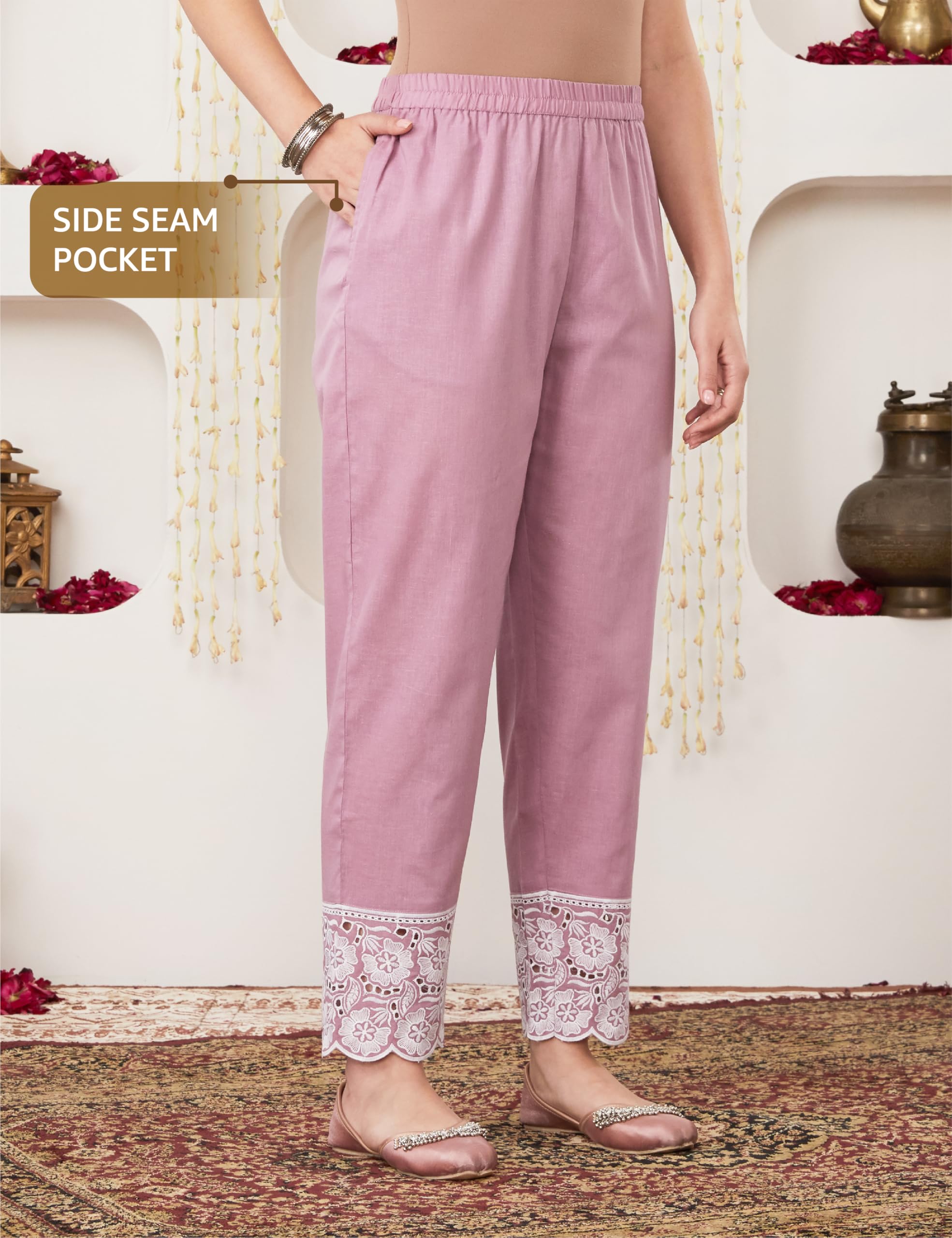 Myx Women's Embroidered Cotton Kurta Pant Set with Organza Dupatta (SS25-MYX-SUR-KS-18_Mauve_M) - Image 4