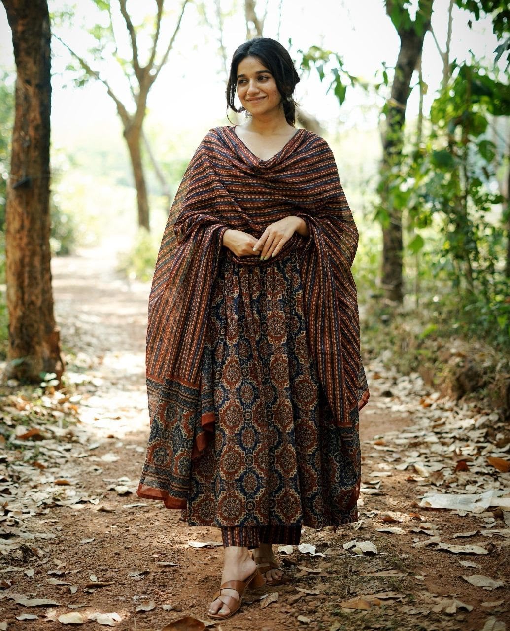 KLOSIA Women Printed Flared A-Line Kurta with Pant and Dupatta Suit Set | Kurta Set | Wedding Suit (Large) Brown - Image 2