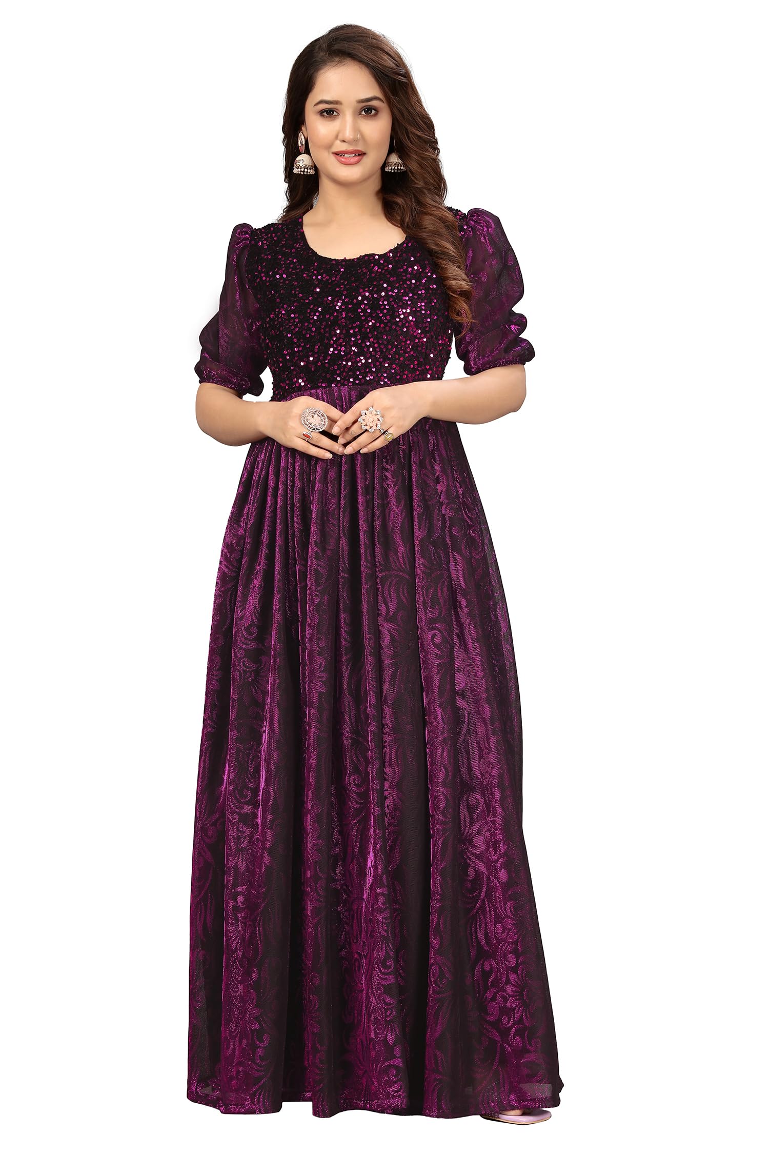 3Buddy Fashion Elegant Women's Long Gown | Anarkali Style | Flared Floor-Length Dress | Floral Emboss Print | Sequence Embroidery (1, Wine)