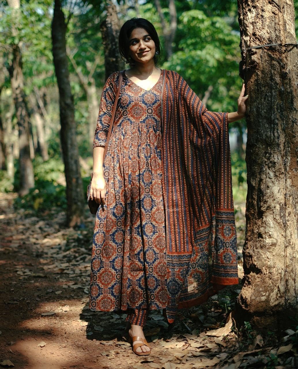 KLOSIA Women Printed Flared A-Line Kurta with Pant and Dupatta Suit Set | Kurta Set | Wedding Suit (Large) Brown - Image 3