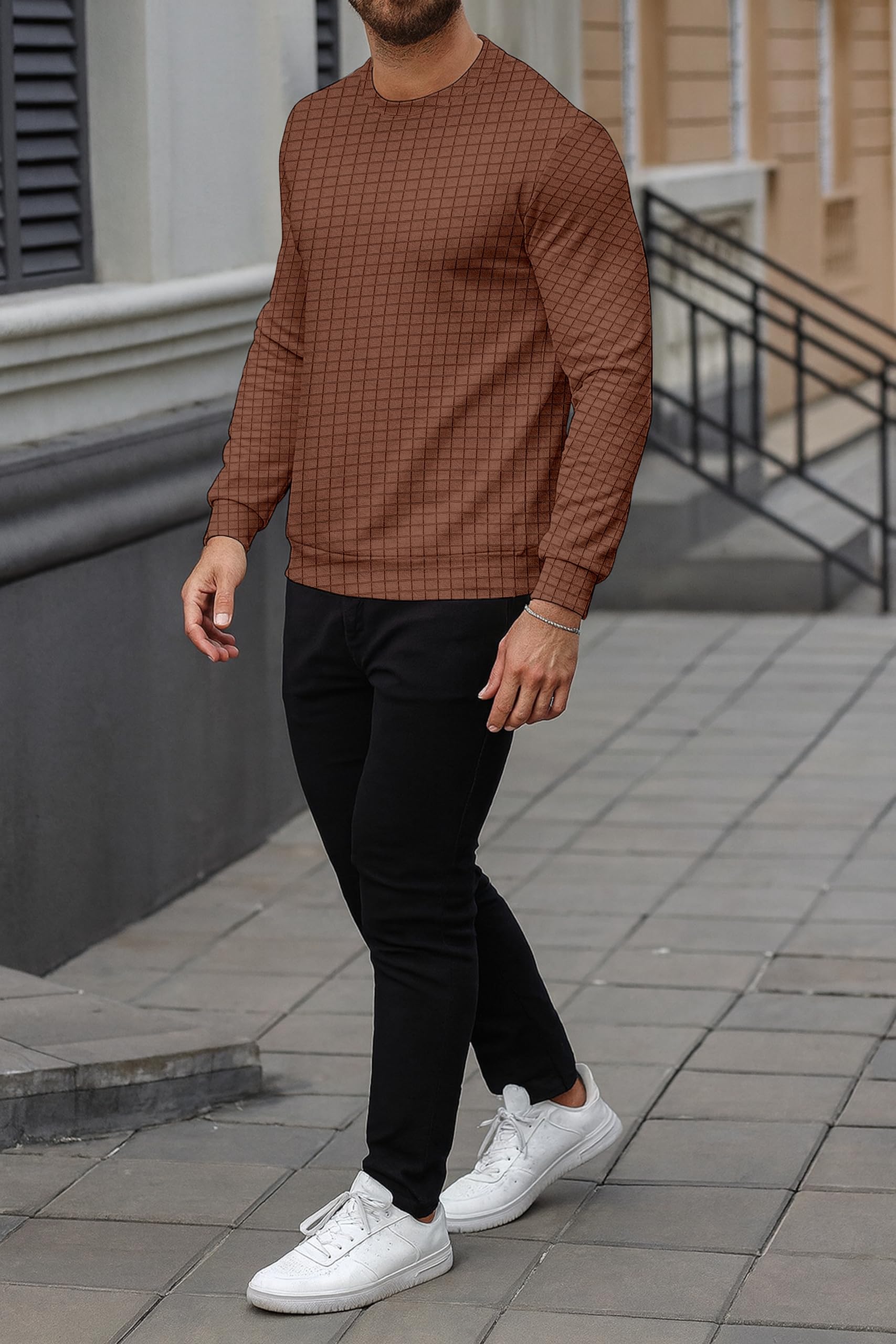 KAJARU Quilted Pattern Long Sleeve Sweatshirt, Round Neck, Men's Casual Pullover, Grey, Black, Beige (in, Alpha, L, Coffee) - Image 6