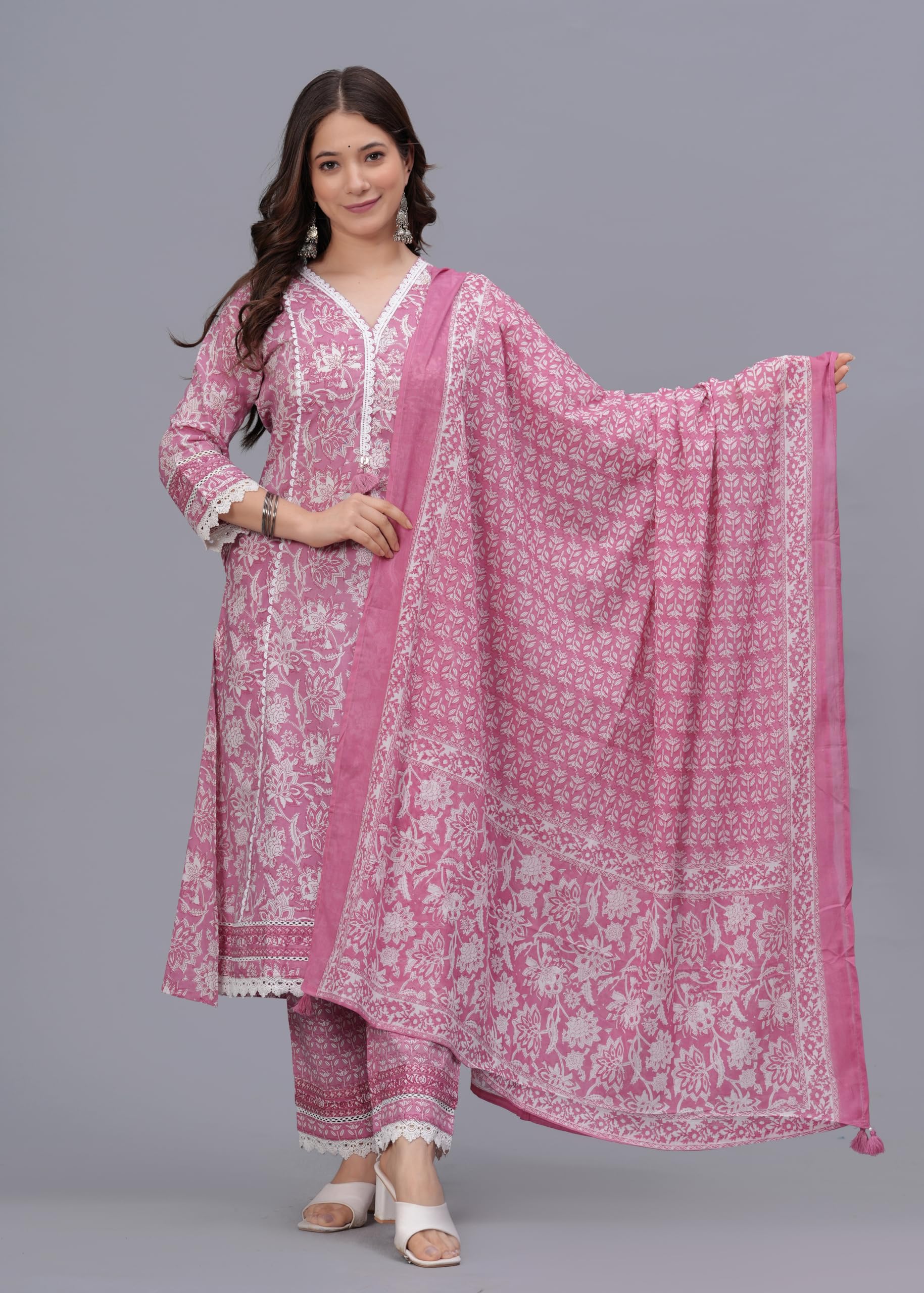 Amayra Women's Pure Cotton Printed Straight Kurta Set with Palazzo Pants & Dupatta- Ethnic Wear, Pink(TCK621,M) - Image 6