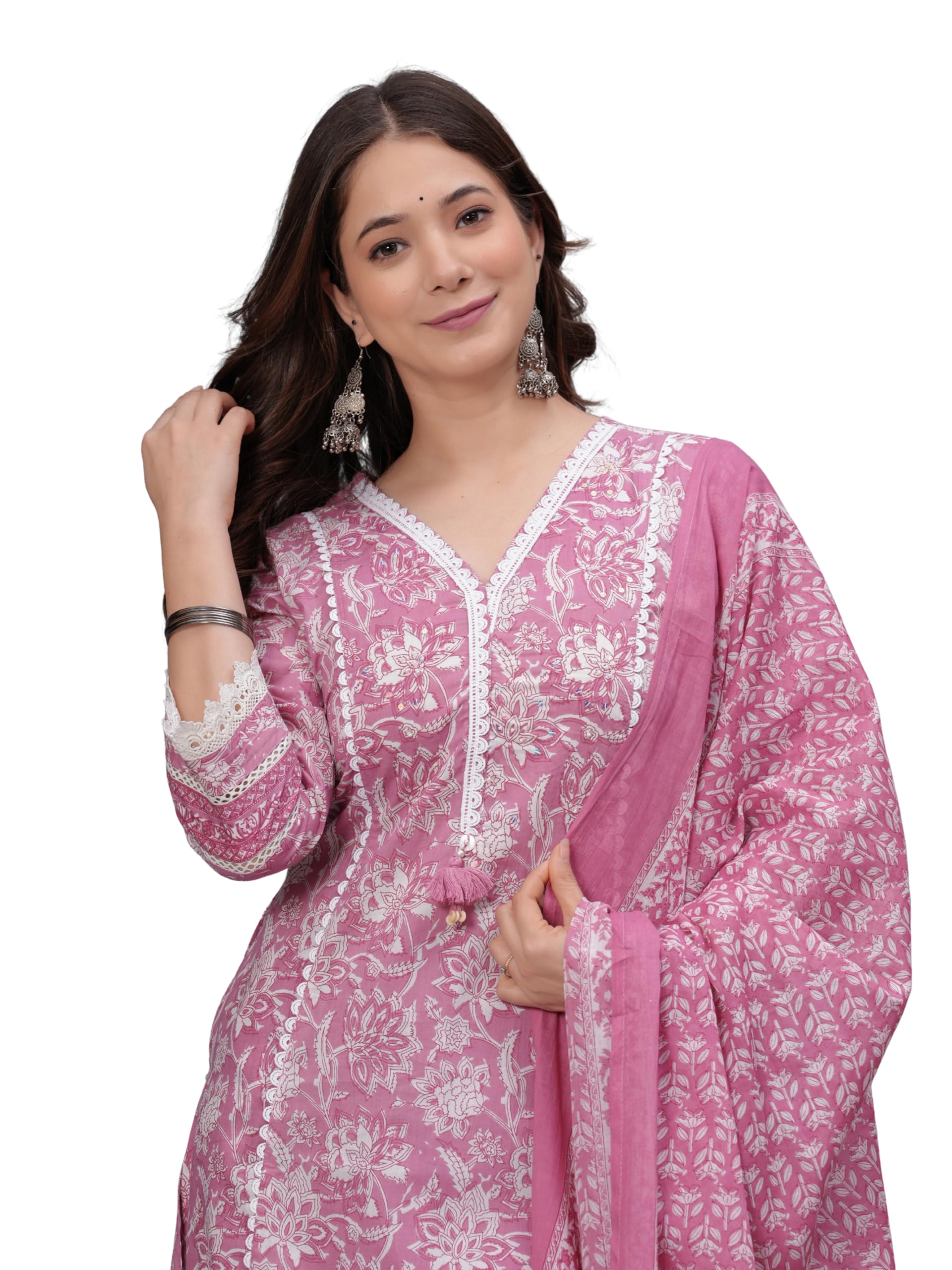 Amayra Women's Pure Cotton Printed Straight Kurta Set with Palazzo Pants & Dupatta- Ethnic Wear, Pink(TCK621,M)