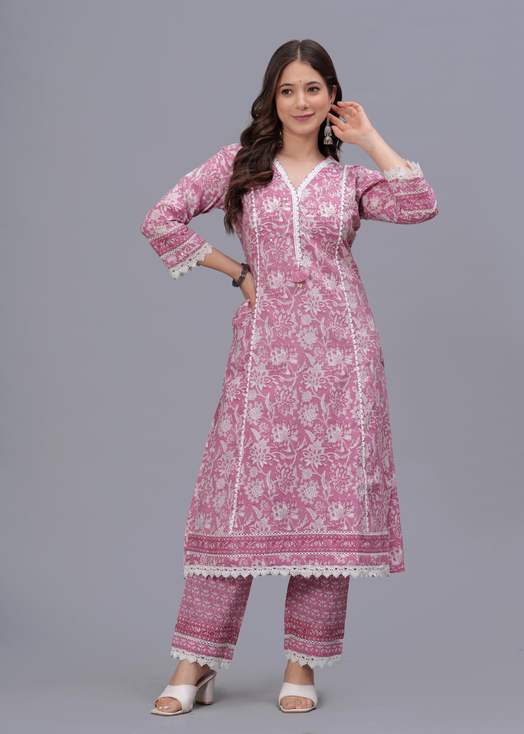 Amayra Women's Pure Cotton Printed Straight Kurta Set with Palazzo Pants & Dupatta- Ethnic Wear, Pink(TCK621,M) - Image 2