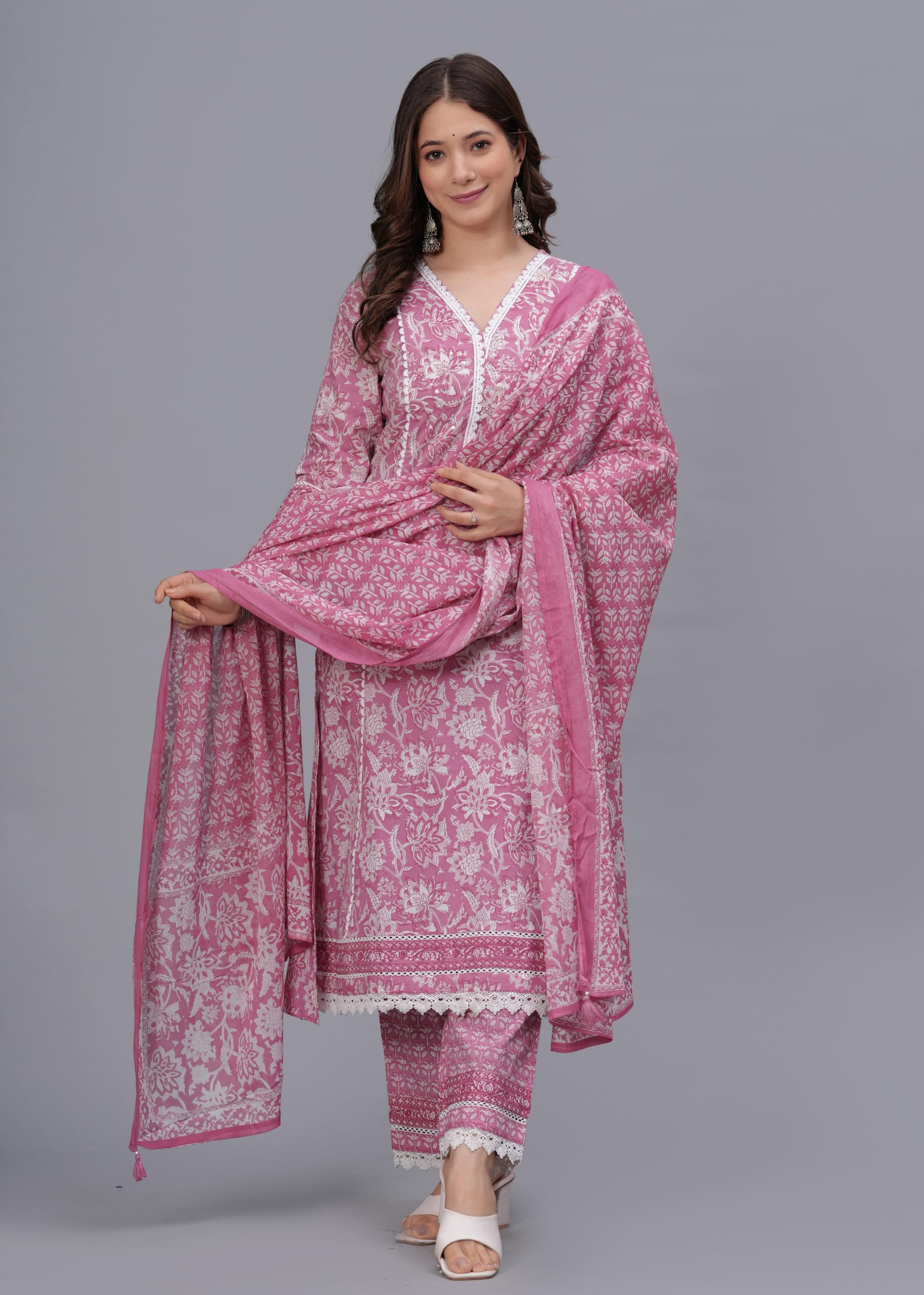Amayra Women's Pure Cotton Printed Straight Kurta Set with Palazzo Pants & Dupatta- Ethnic Wear, Pink(TCK621,M) - Image 4