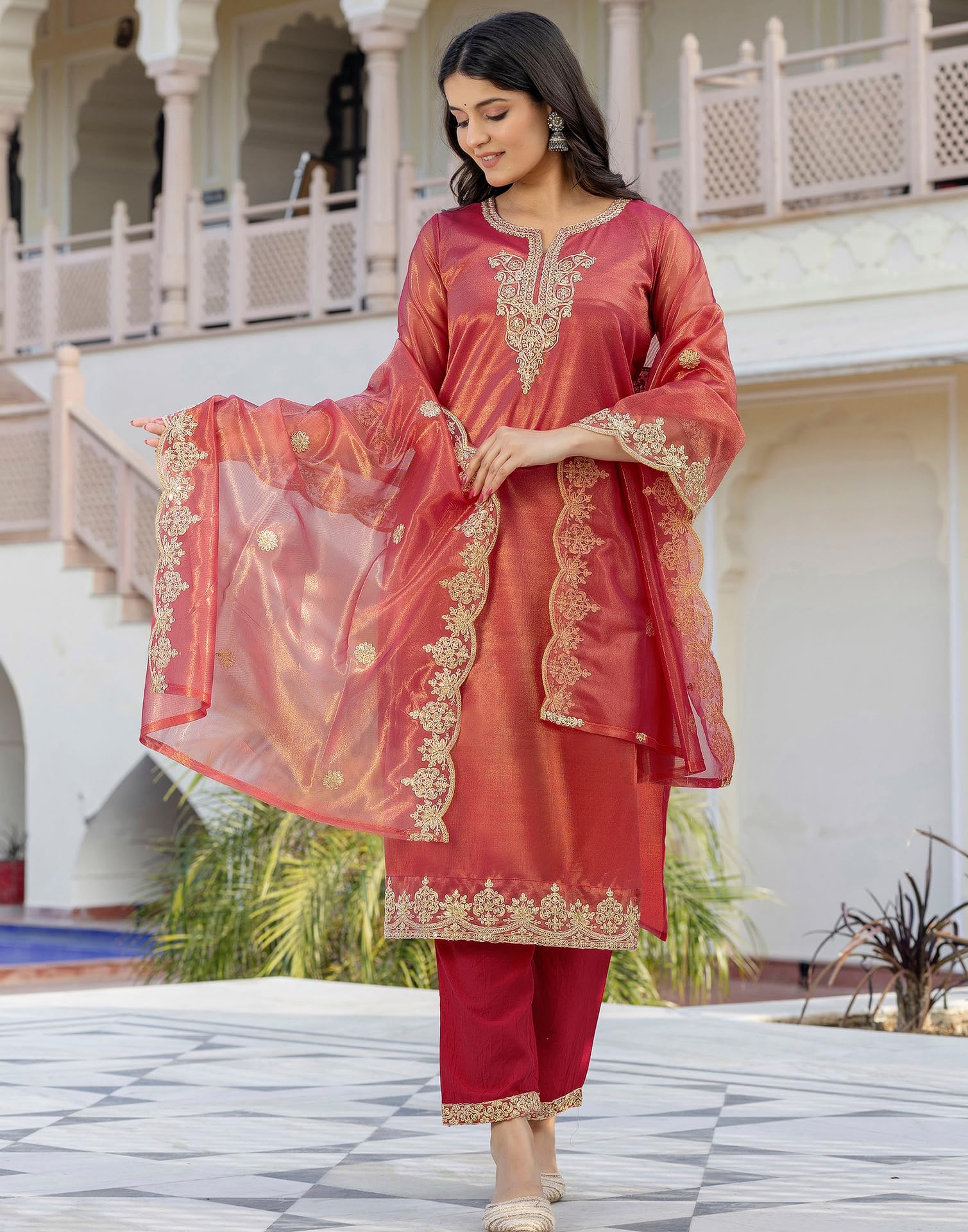 SKYLEE Women's Net Sequins, Embroidery and Gota Lace Straight Kurta with Pant & Dupatta (227KBD2403C-L_Rani Pink) - Image 3