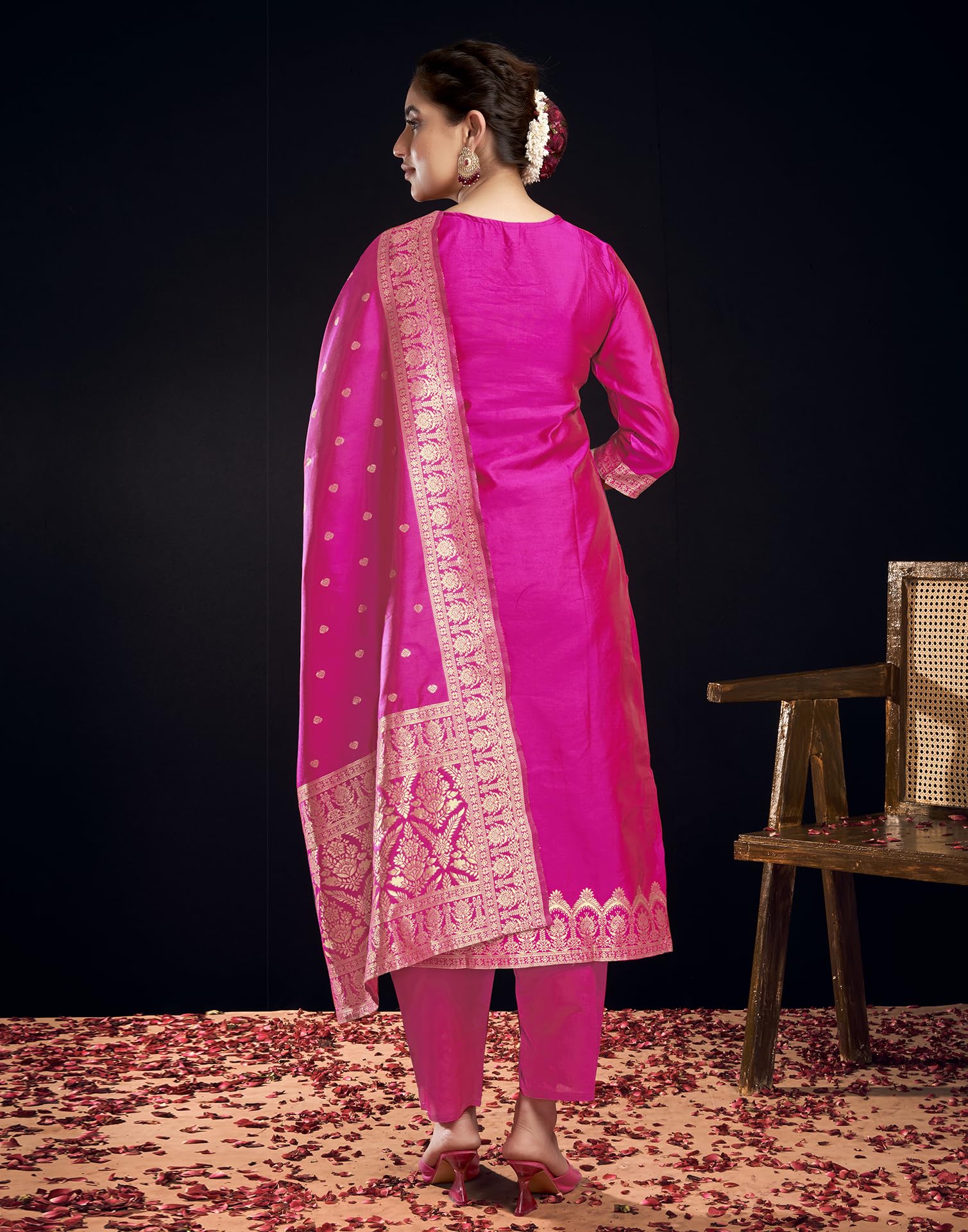 SIRIL Women's Rayon Viscose Banarasi Jacquard Zari Woven Straight Kurta Pant with Dupatta Set (217KBD2301-XL_Rani Pink) - Image 6