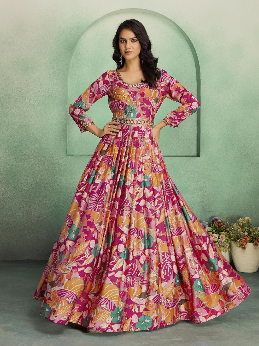 madhuram textiles Women's vetican Print with Hand Embroidery Work Anarkali Long Gown(M-2544 Pink_Small) - Image 2