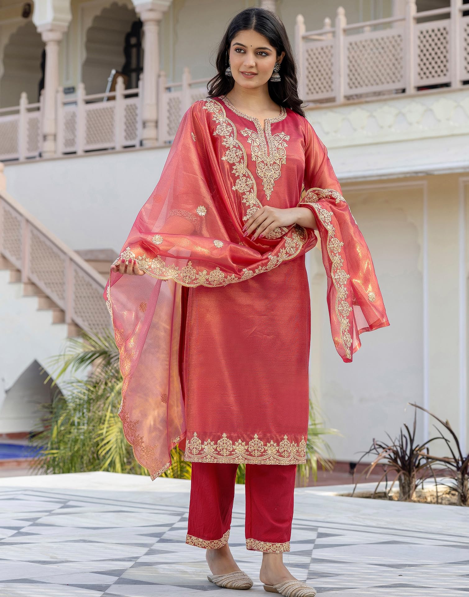 SKYLEE Women's Net Sequins, Embroidery and Gota Lace Straight Kurta with Pant & Dupatta (227KBD2403C-L_Rani Pink) - Image 5