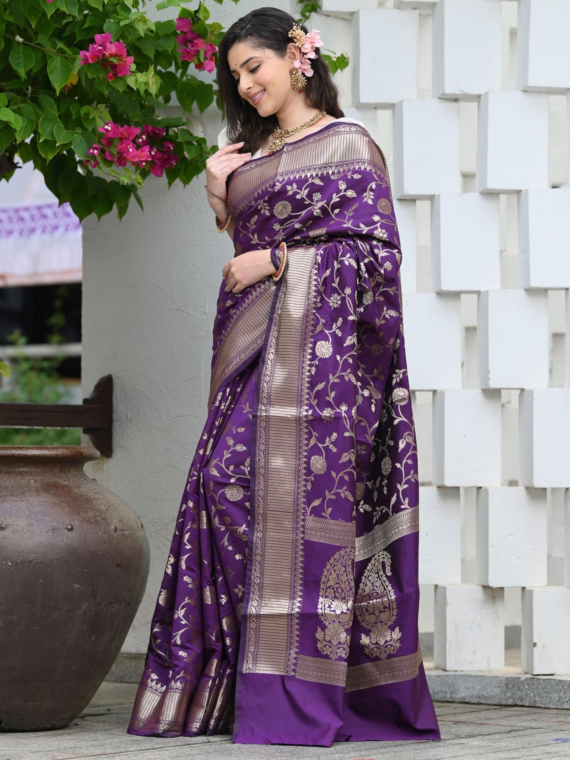 Sugathari Women's Banarasi Saree Pure Kanjivaram Silk Saree Soft new ladies 2023 Design Wear Pattu Sarees Latest Party Sari collections With Blouse Piece for Wedding sadi (SAN PARI-182 PURPLE) - Image 6