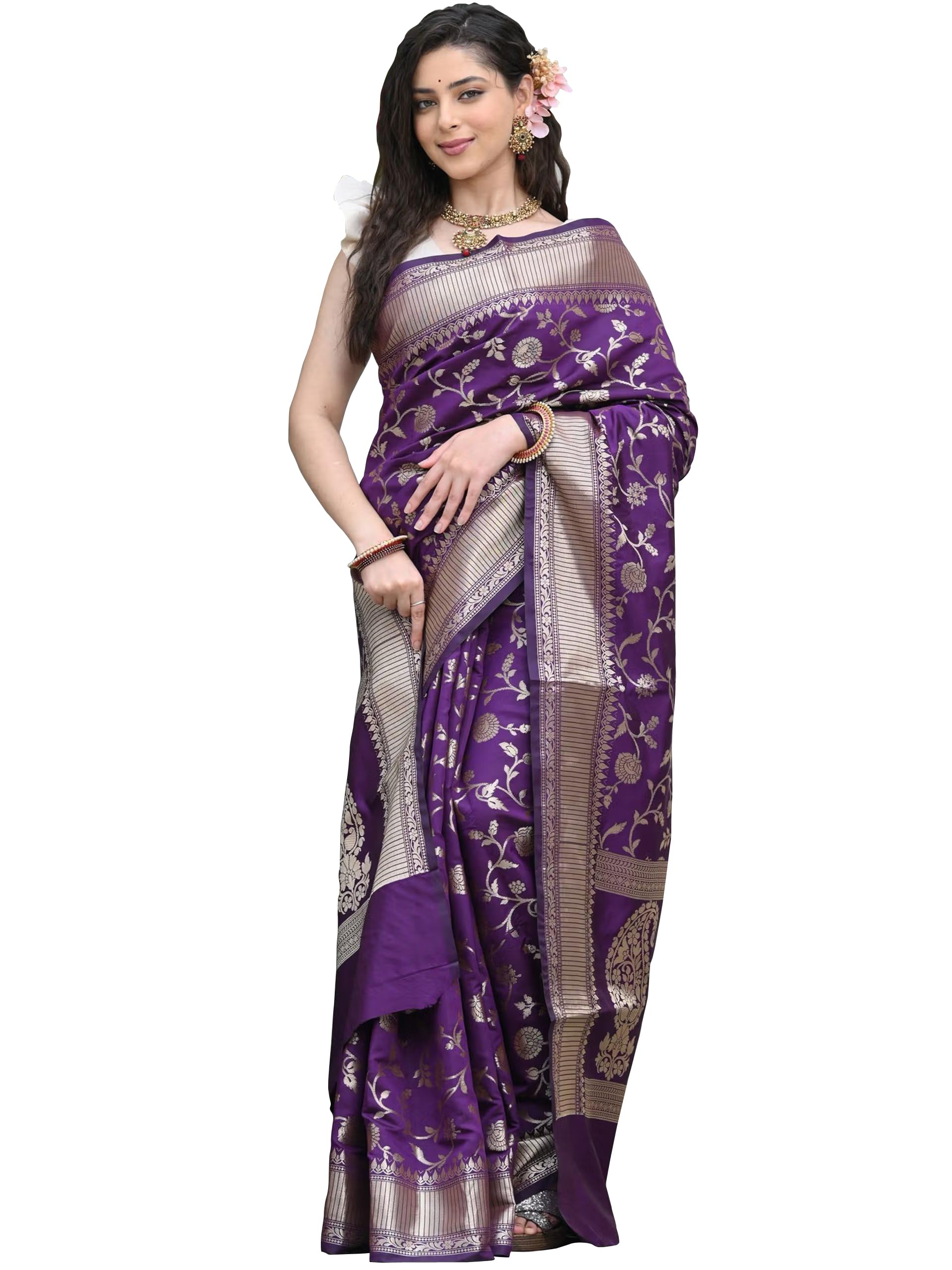 Sugathari Women's Banarasi Saree Pure Kanjivaram Silk Saree Soft new ladies 2023 Design Wear Pattu Sarees Latest Party Sari collections With Blouse Piece for Wedding sadi (SAN PARI-182 PURPLE)
