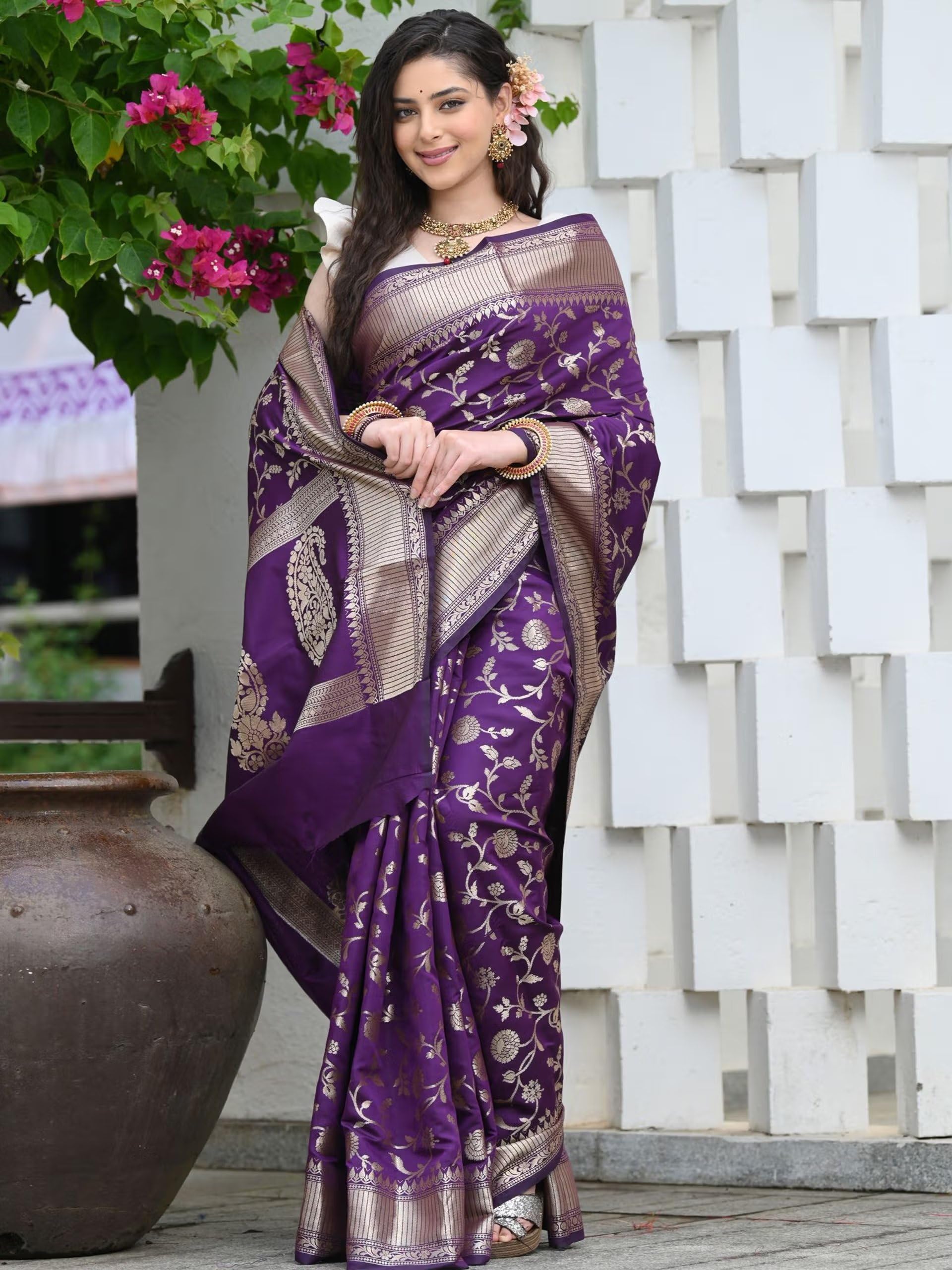 Sugathari Women's Banarasi Saree Pure Kanjivaram Silk Saree Soft new ladies 2023 Design Wear Pattu Sarees Latest Party Sari collections With Blouse Piece for Wedding sadi (SAN PARI-182 PURPLE) - Image 5