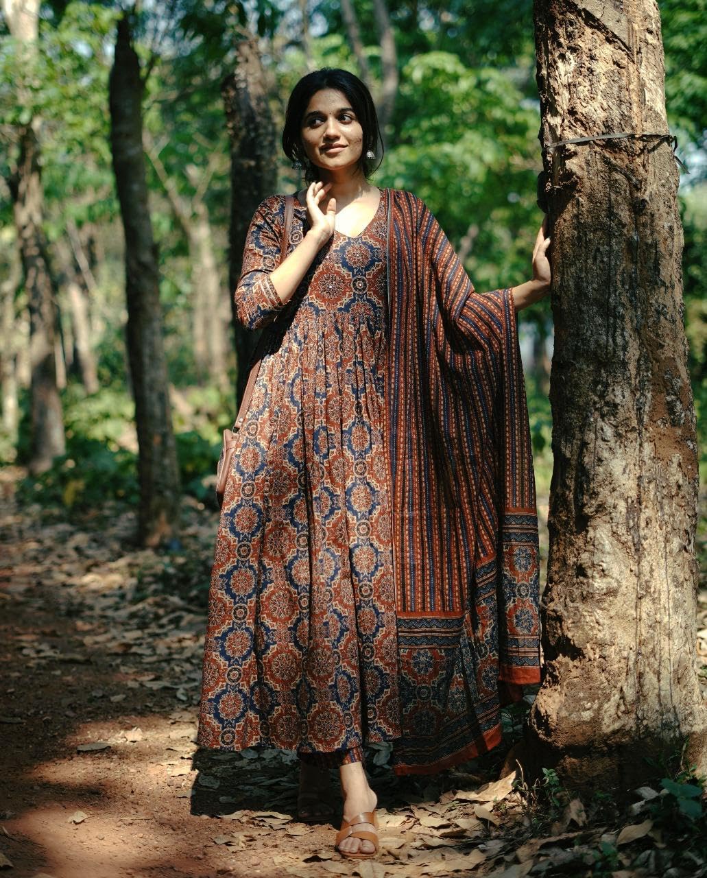 KLOSIA Women Printed Flared A-Line Kurta with Pant and Dupatta Suit Set | Kurta Set | Wedding Suit (Large) Brown - Image 5